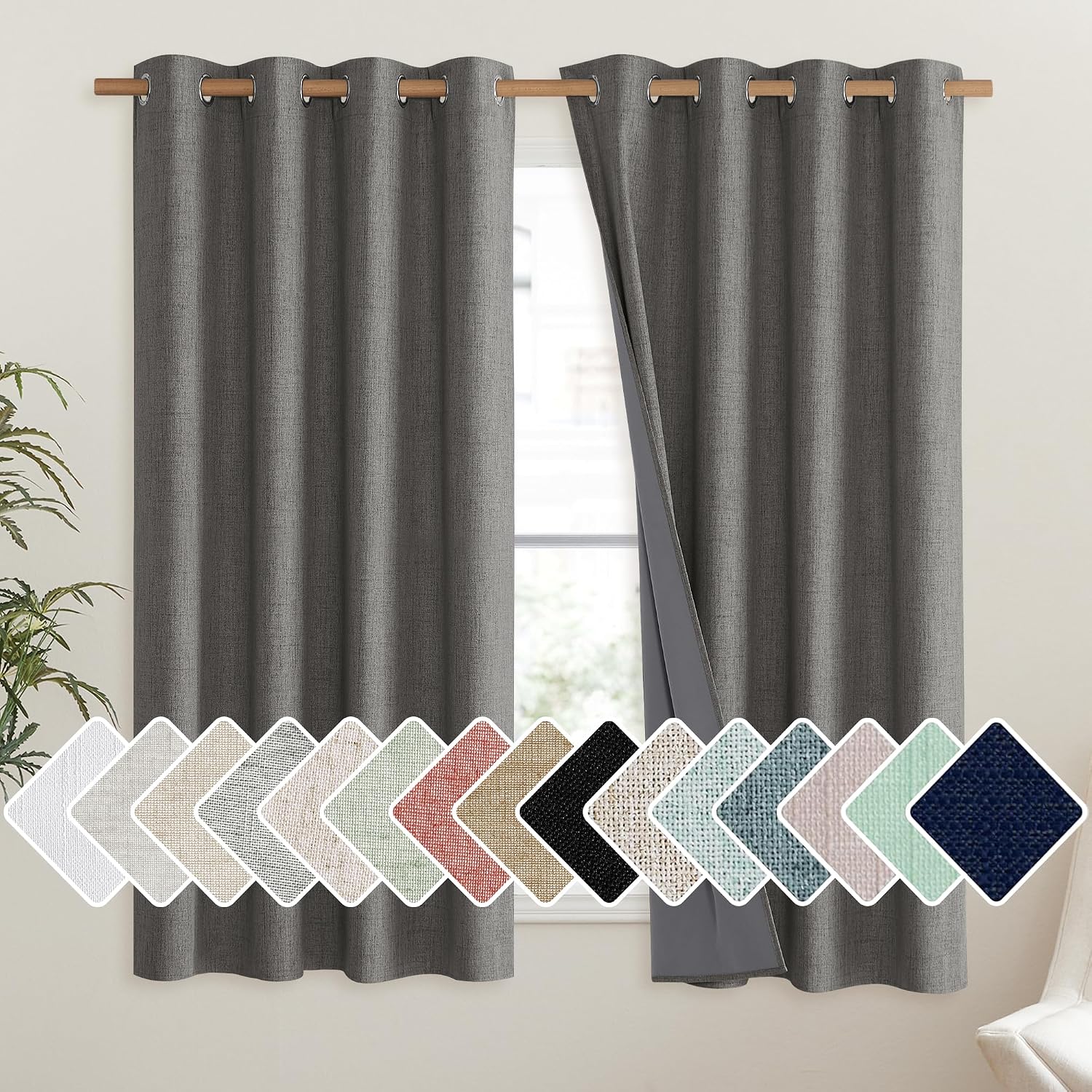 NICETOWN Grizzle Gray Vintage Linen 100% Blackout Curtains for Living Room, Thermal Insulated Curtains 63" Long, Noise Reducing Window…
