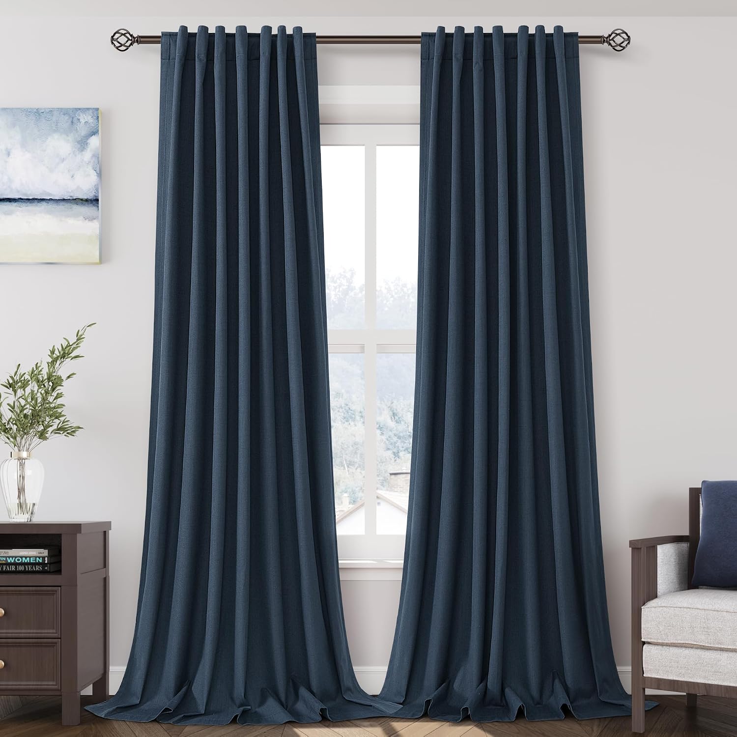 Nanspring Vintage Blue 100% Blackout Linen Curtains for Bedroom 102 Inches Long Back Tab Thermal Insulated Vintage Farmhouse Decor Black Ou…
