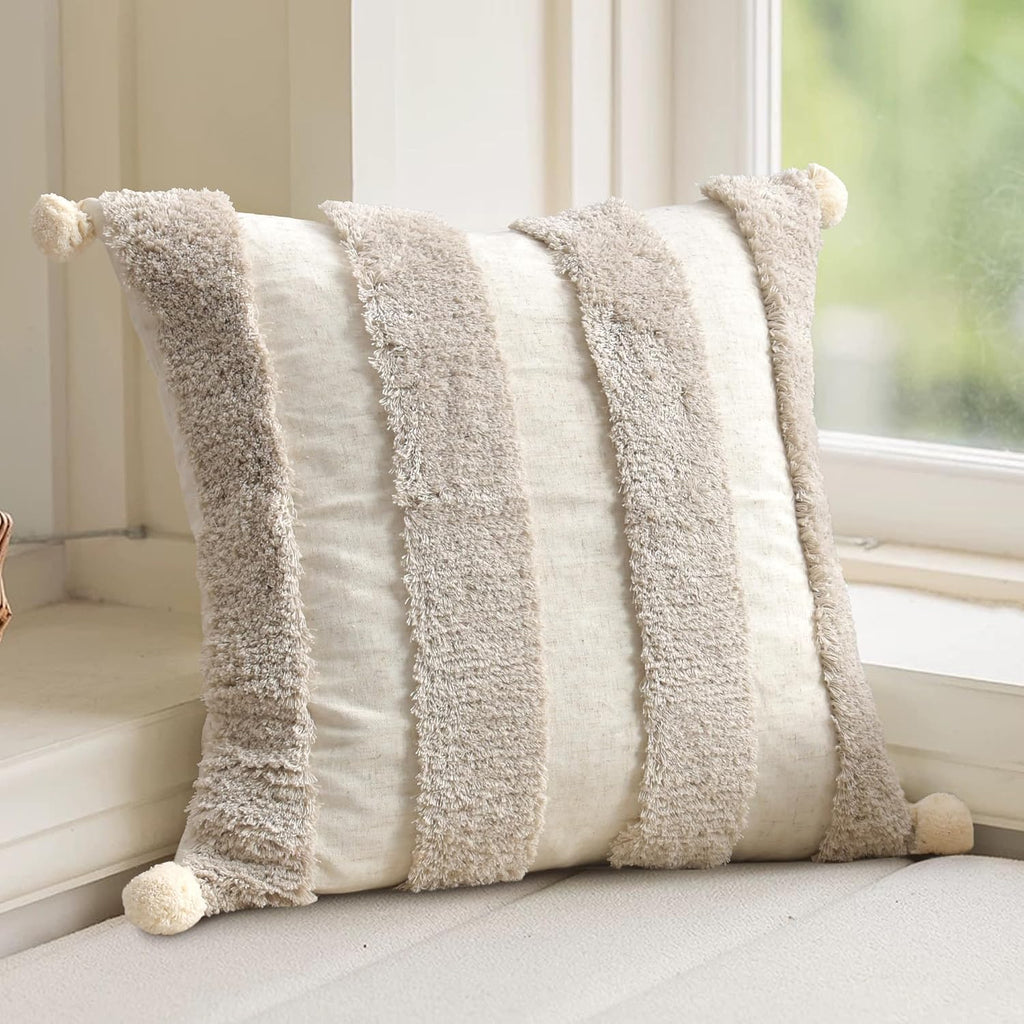 Loopuinhom Boho Pillow Covers 18X18 Inch Boho Tufted Linen Throw Pillow Covers Decorative Pompoms Cushion Cover Farmhouse Pillow Case for C…
