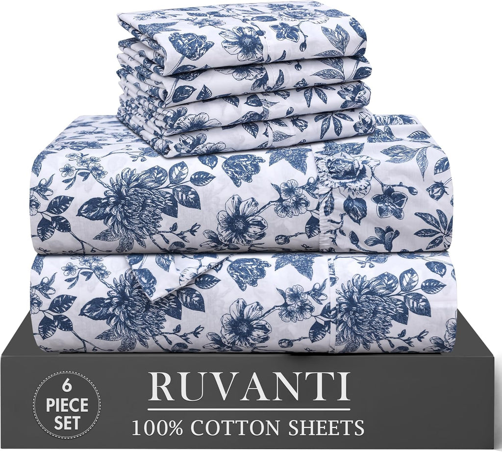 Ruvanti 6 Pcs Cotton Sheets - 100% Natural Cotton Soft, Lightweight & Breathable Crispy Percale Bed Sheets, California King Sheet Sets 14"…
