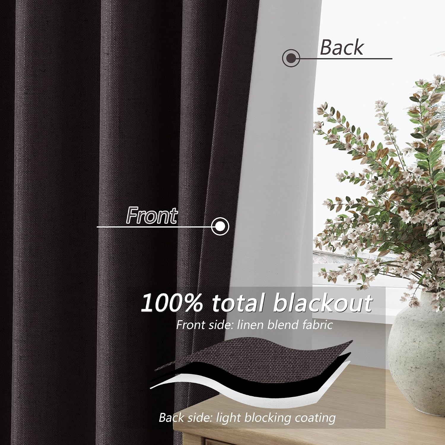 Guken 100% Blackout Curtains 90 Inch Length 2 Panels Set for Living Room Bedroom Back Tab Thermal Insulated Black Out Linen Drapes Room Dar…