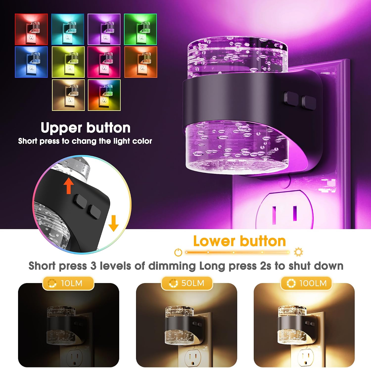 Llohasled L LOHAS LED Night Light, RGB Bubble Night Lights Plug into Wall, 10-Color Change Night Light, Dimmable Nightlights with Dusk to Da…