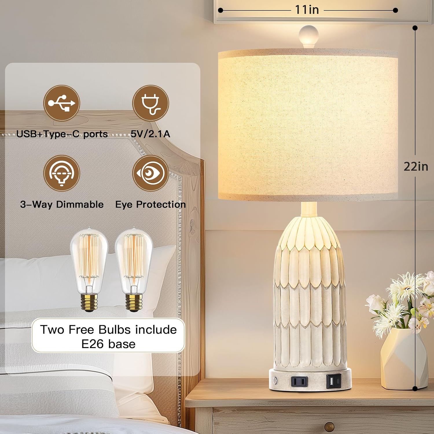 Cinkeda Farmhouse Table Lamps Set of 2, 3-Way Dimmable Touch Lamp for Bedroom Nightstand with USB A+C Ports & AC Outlet, White Vintage…