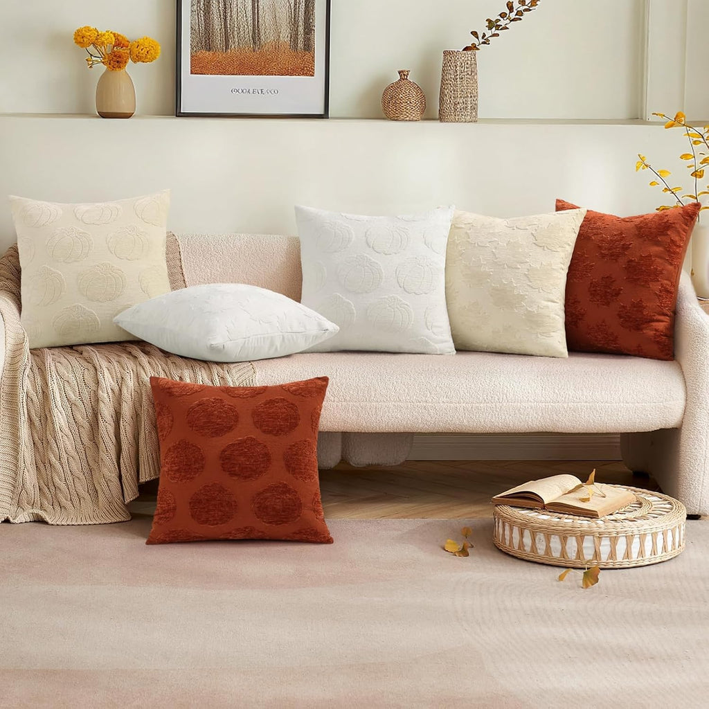 decorUhome Decorative Two Cream White Pumpkins Thanksgiving Throw Pillow Covers 18x18 Set of 2, Soft Chenille Jacquard Farmhouse Textured…