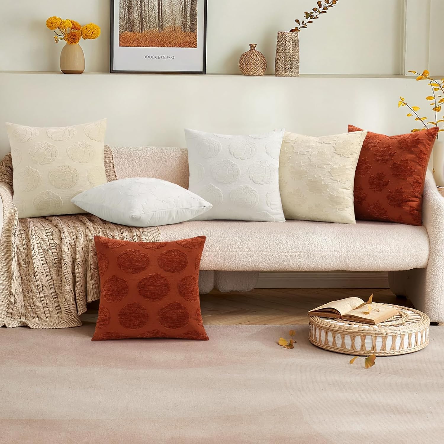 decorUhome Decorative Two Cream White Pumpkins Thanksgiving Throw Pillow Covers 18x18 Set of 2, Soft Chenille Jacquard Farmhouse Textured…