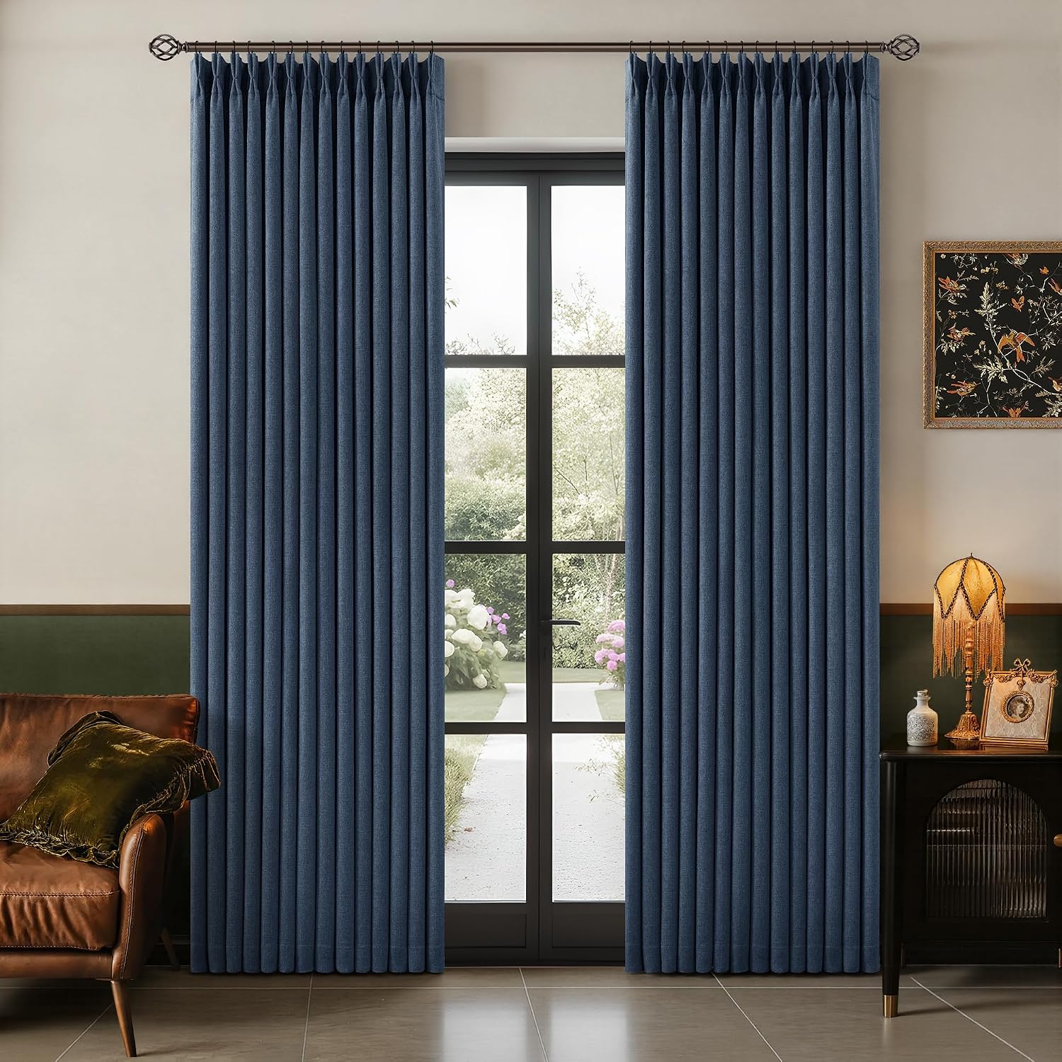 80 Inch Pinch Pleated Blackout Linen Curtains for Bedroom 2 Panels Memory Trained 100% Black Out Soundproof Room Darkening Navy Window…
