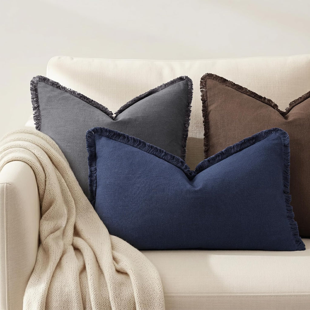decorUhome Summer Decorative Neutral Linen Fringe Lumbar Throw Pillow Covers Set of 2 Navy Blue Pillow Covers with Tassels Soft Farmhouse B…