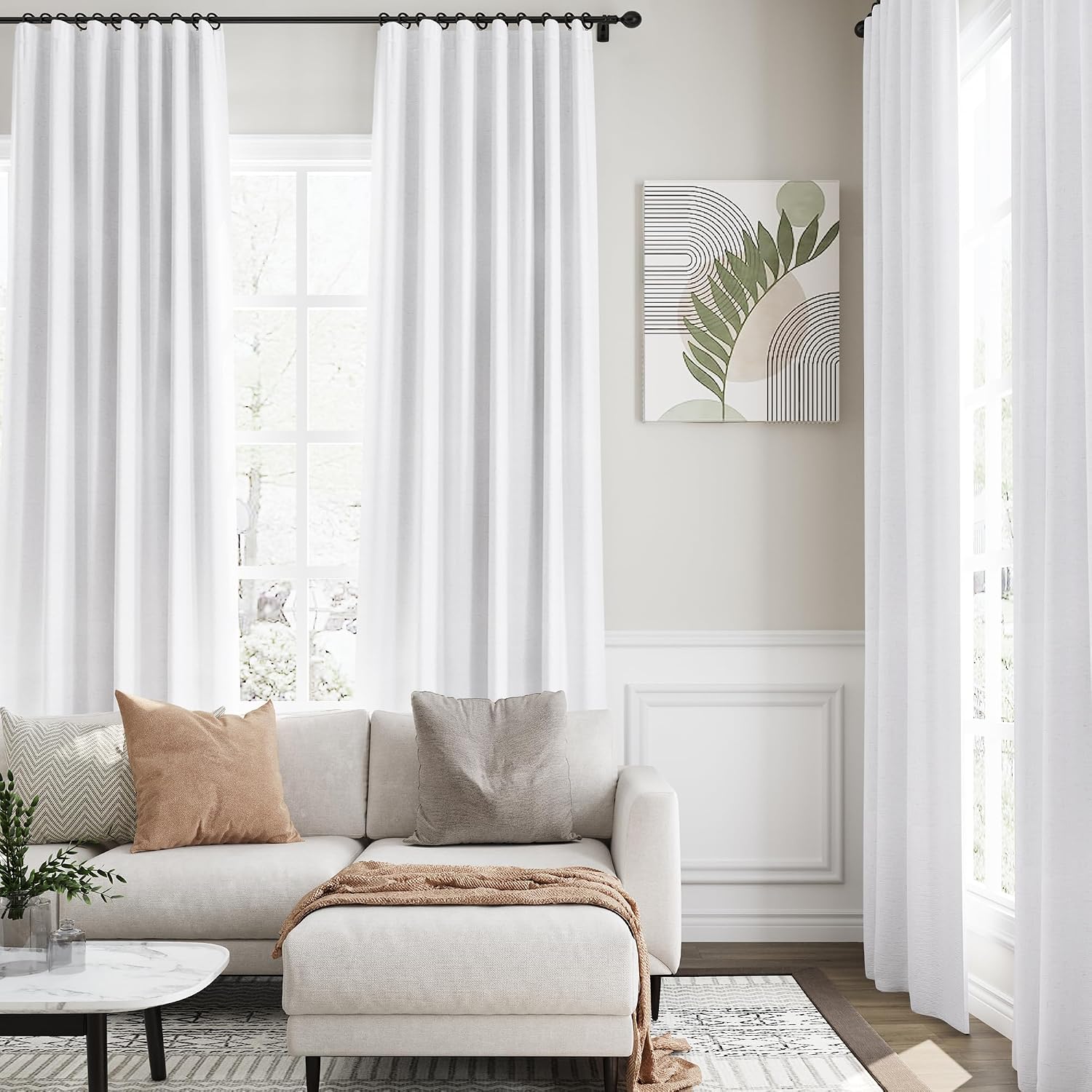 Nanspring White Linen 100% Blackout Curtains, 120 Inch Length 2 Panels Set Burg Extra Long 10 Ft Back Tab Pocket Drapes Cotton Textured Tot…