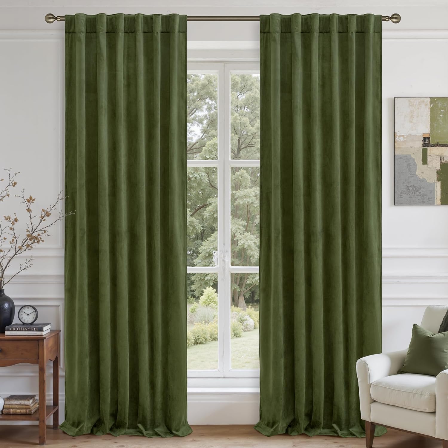 Lamit Sage Green Velvet Curtains 120 Inch for Living Room, Vintage Thermal Room Darkening Panels Back Tab and Rod Pocket Noise Reducing Dra…