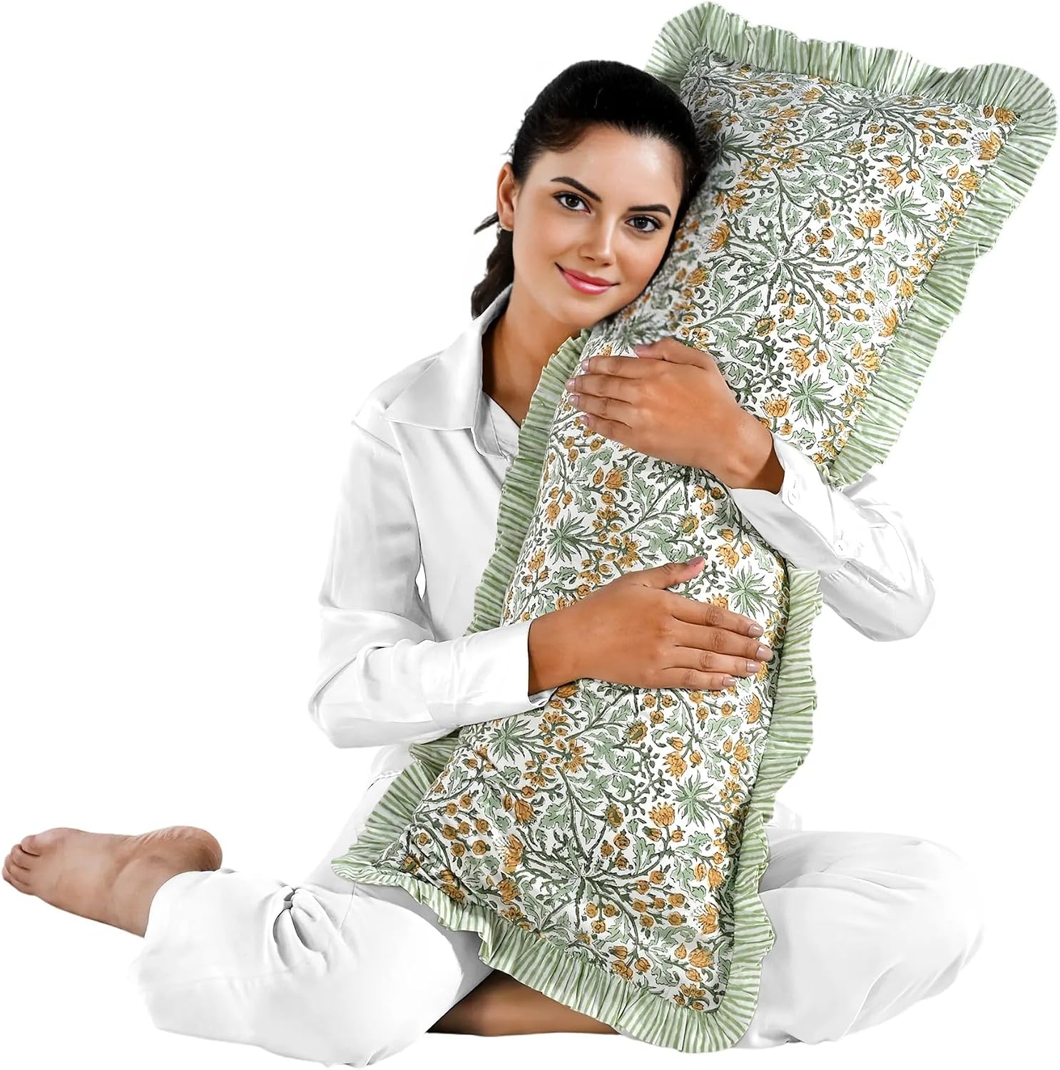 Ridhi Block Print Goldenrod Yellow 36"x14" Set 1-100% Cotton Ruffle Lumbar Sham Cover Boho Floral Pillowcase, Farmhouse Cottagecore…