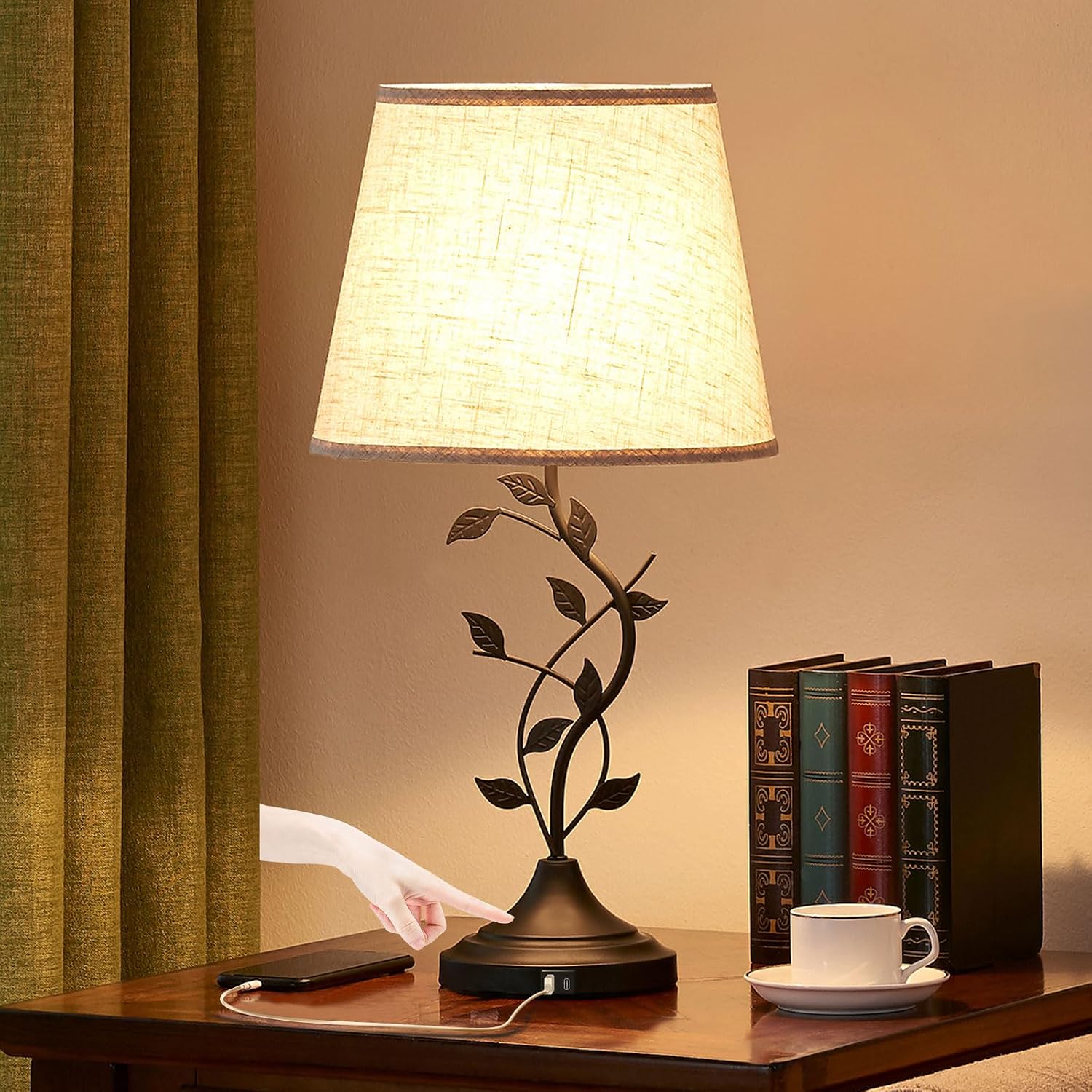 Kakanuo Table Lamp for Bedside, Lamp for Living Room with USB-A and USB-C Charging Ports, Traditional Tall Bedroom Lamp for End Table