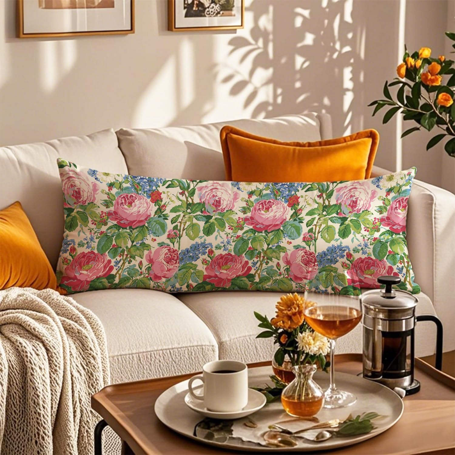 Vintage Rose Floral 20x54 Body Pillow Cover, French Country Blooming Garden Rose Flower Decorative Long Body Pillow Cases for Bed Couch
