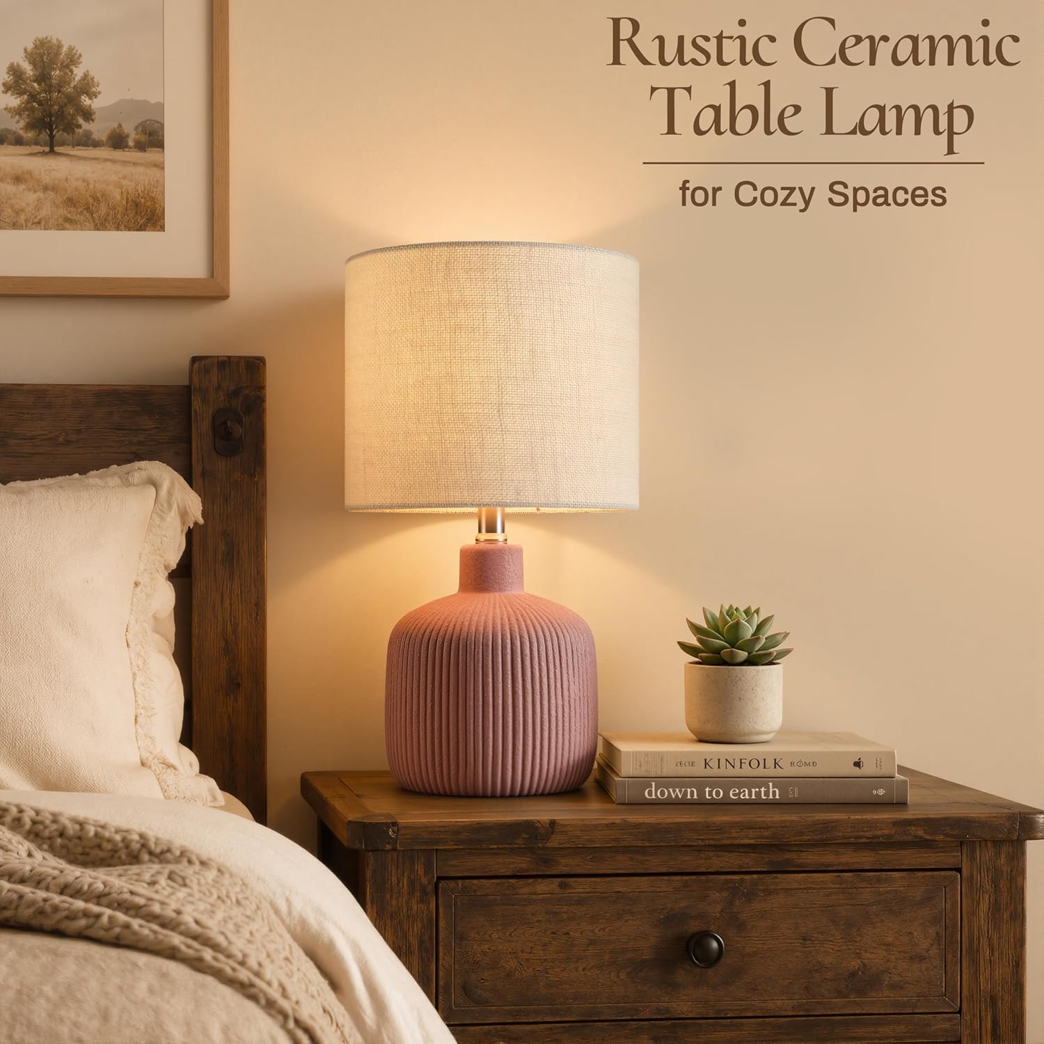 Ceramic Table Lamp, 17.75" Rustic Farmhouse Bedside Lamp with Beige Linen Shade, Warm Ambient Nightstand Lighting for Bedroom or Living…