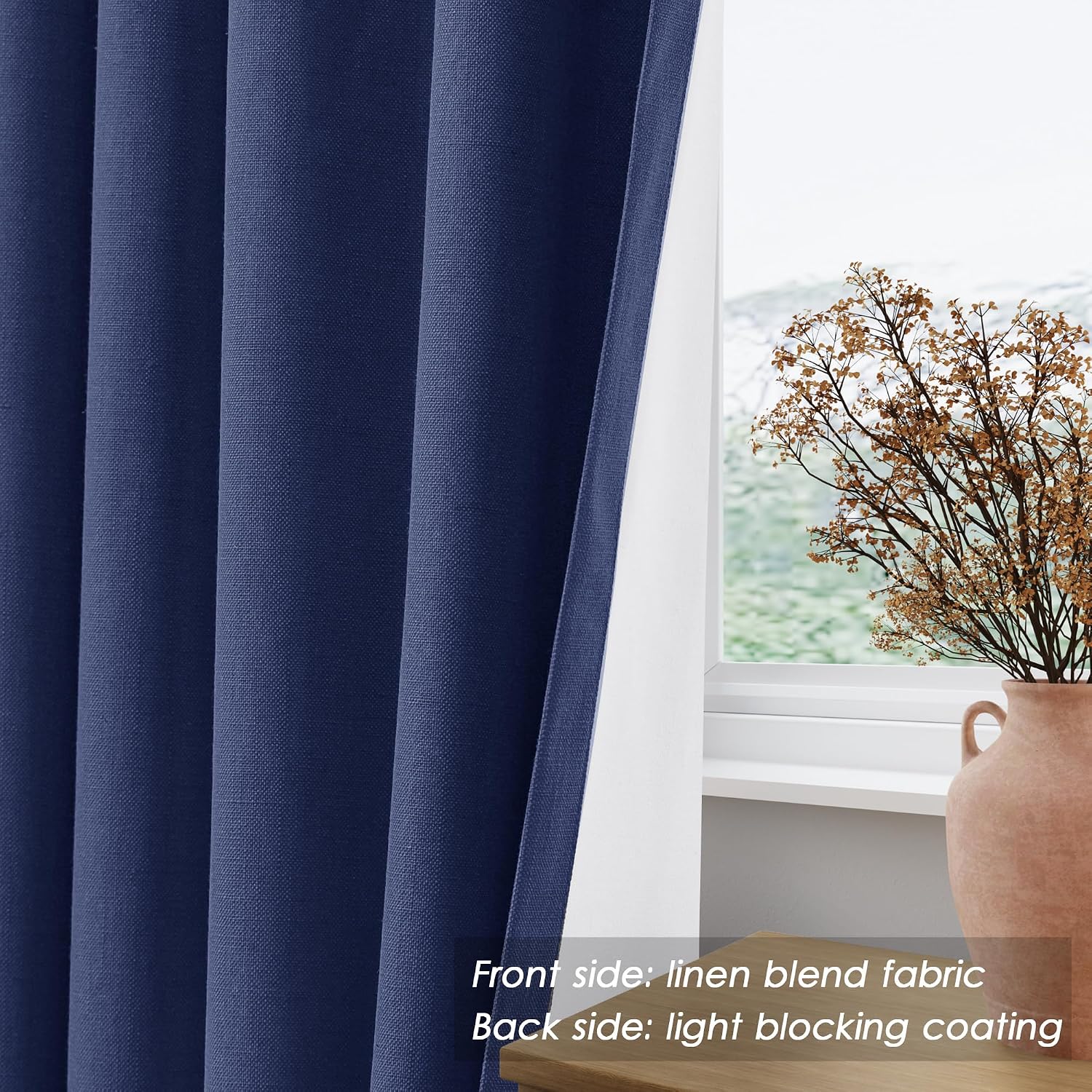 Nanspring Classic Blue 100% Blackout Linen Curtains 96 Inches Long for Bedroom Back Tab Thermal Insulated Modern Coastal Decor Black Out Cu…
