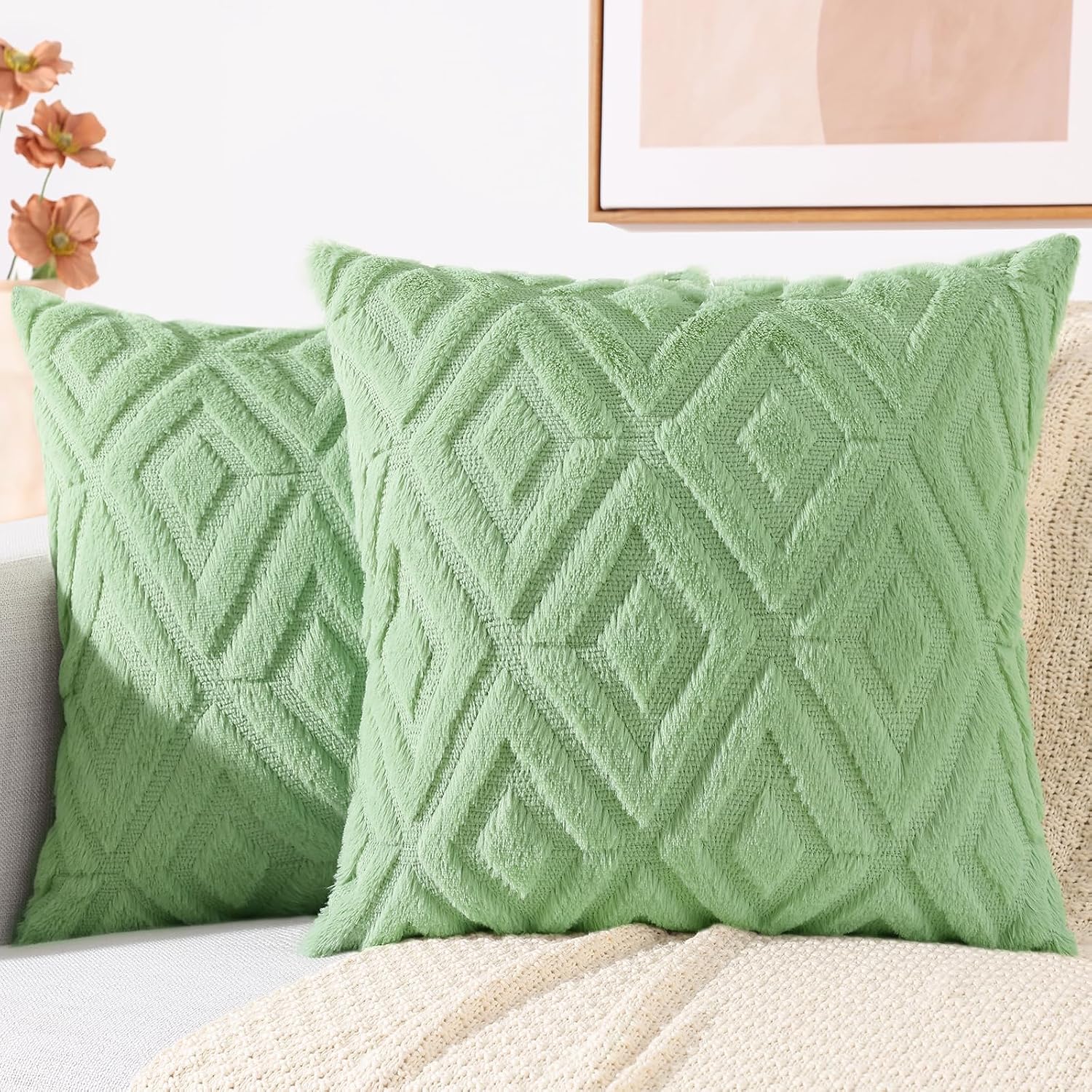 decorUhome Summer Couch Euro Sham Throw Pillow Covers 26x26 Set of 2, Decorative Soft Plush Faux Fur Wool Accent Pillow Covers for Modern F…