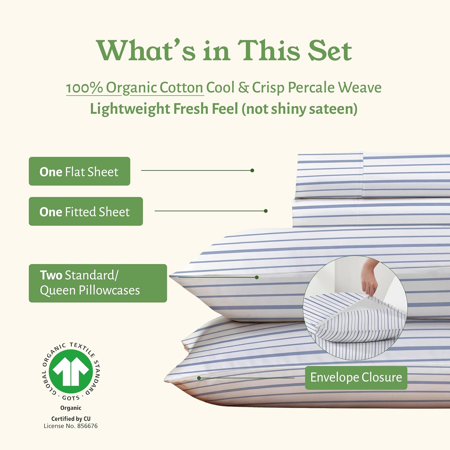 CaliforniaDesignDen California Design Den Full Sheet Set Stripe, 100% Organic Cotton Percale Sheets, Deep Pocket Full Sheets & Pillowcase S…