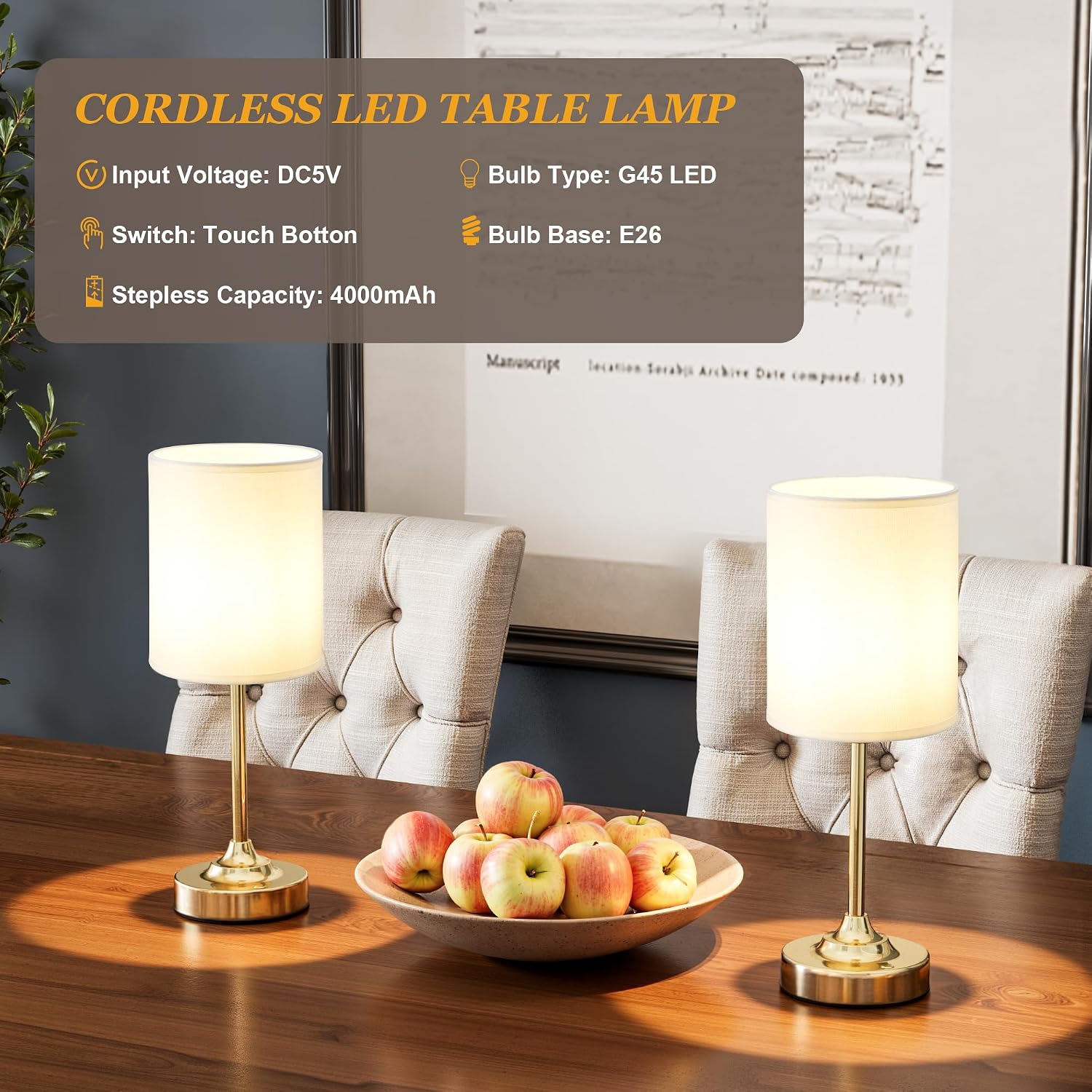Touch Control Cordlss Table Lamp, USB-C Rechargeable Lamp with Stepless Dimming, 4000mAh Battery Operated Vintage Bedside Lamp for…