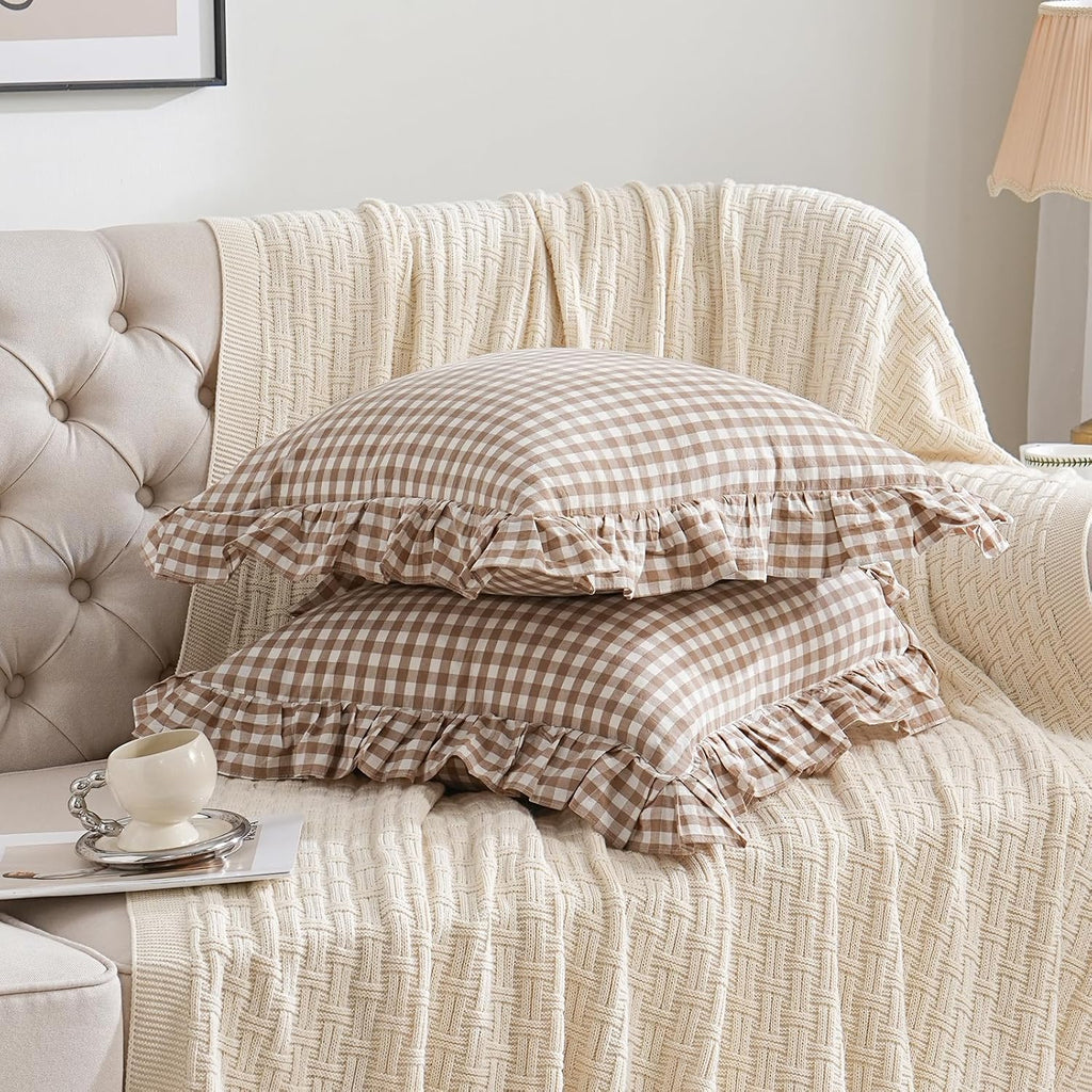 Qilunn 2 Pack Taupe/Brown Plaid Ruffle Throw Pillow Covers Farmhouse Checkered Chic Washed Cotton Pillowcases Gingham Pillow Shams for Bed,…