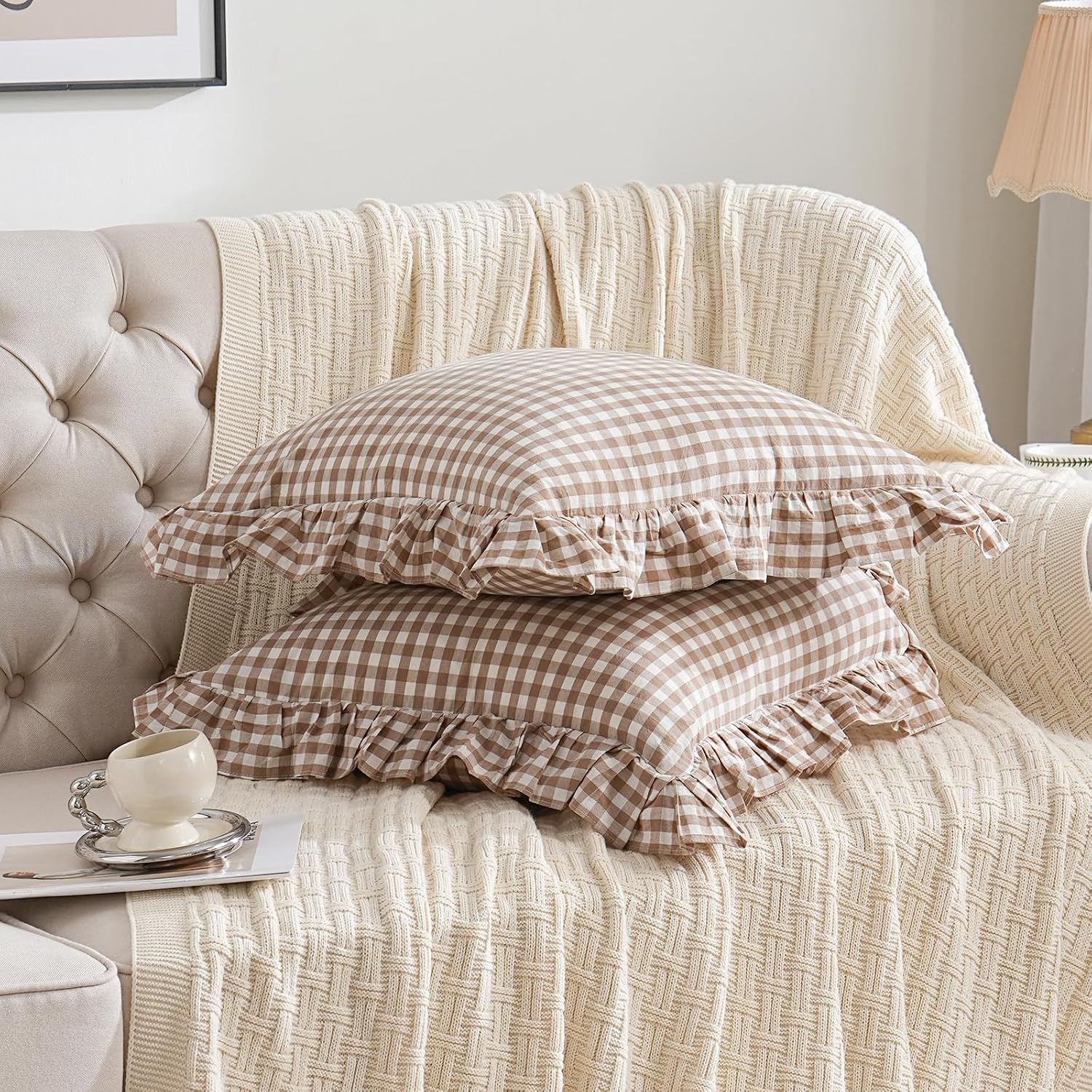 Qilunn 2 Pack Taupe/Brown Plaid Ruffle Throw Pillow Covers Farmhouse Checkered Chic Washed Cotton Pillowcases Gingham Pillow Shams for Bed,…