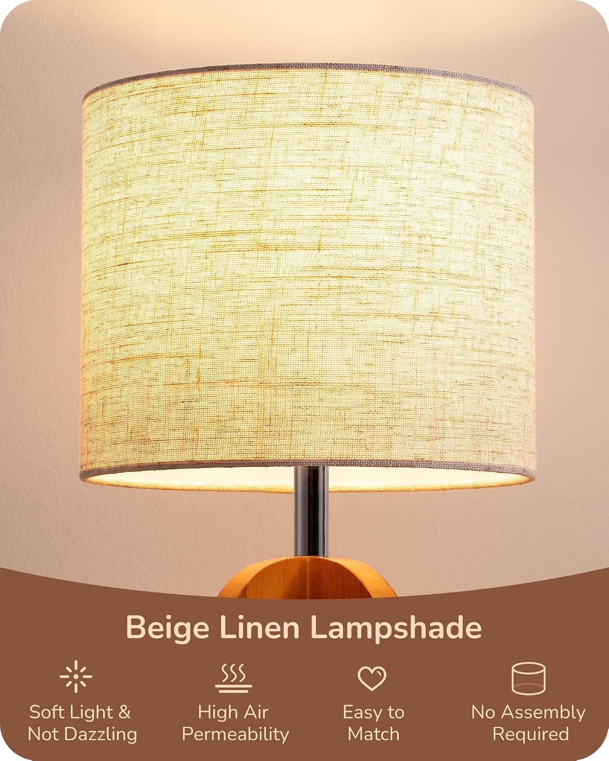EDISHINE Wood Table Lamp, Small Nightstand Lamp with Beige Linen Lampshade, Integrated Four-Legged Wooden Base, End Bedside Lamp for…