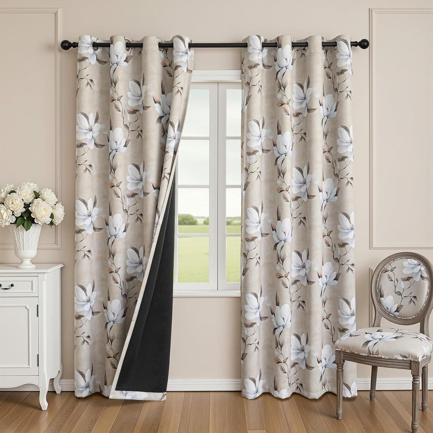Myskyhome MYSKY HOME Floral Blackout Curtains 90 Inches Length 2 Panels Set - Black Out Thermal Insulated Privacy Protect Modern Spring Flo…