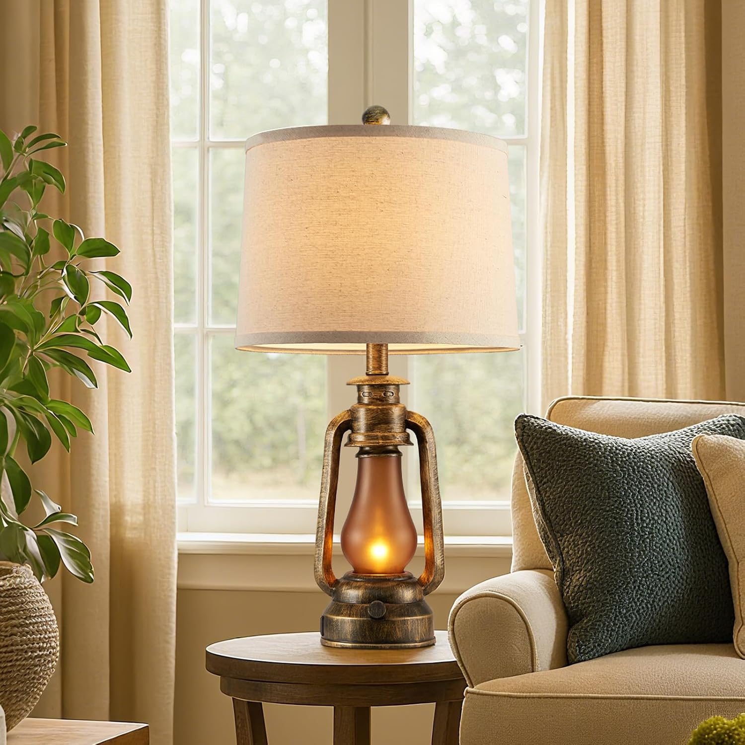 25" Set of 2 Rustic Lantern Table Lamps for Living Room Bedroom, 2 USB Ports Farmhouse Vintage Bedside Desk Lamp Nightlight for Entryway…