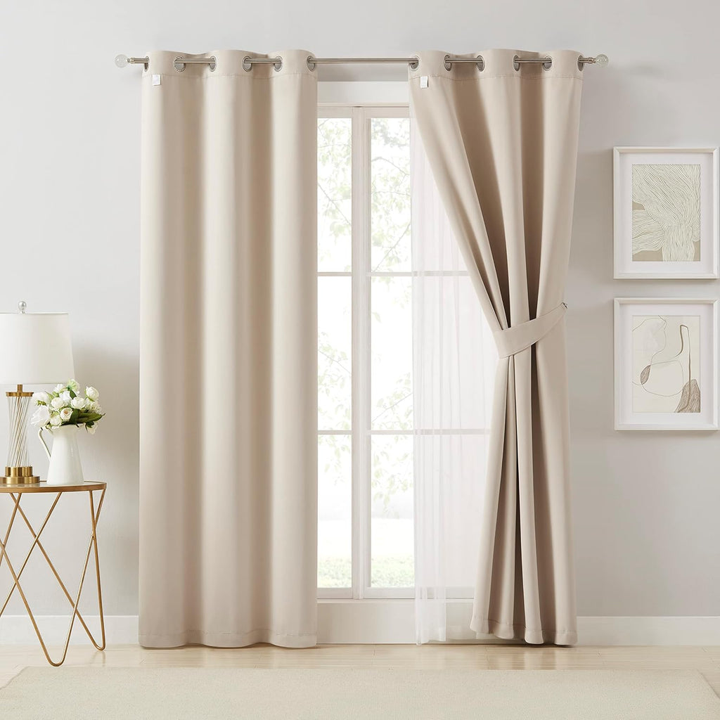 Bujasso Beige 80% Blackout Curtains with Sheer Overlay Mix and Match Double Layer Thermal Insulated Window Panels 95 inch for Living Room B…