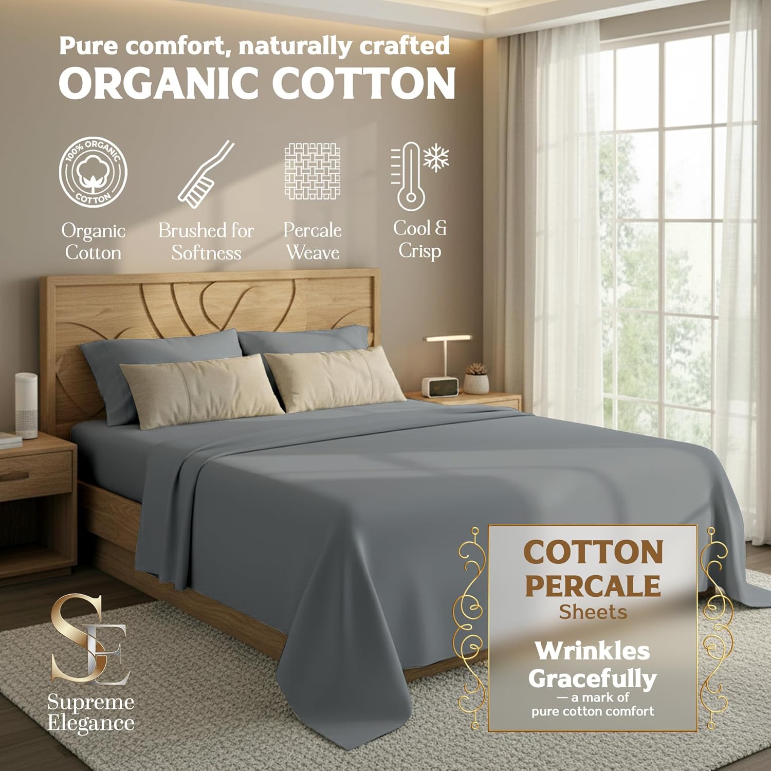 SupremeElegence SUPREME ELEGANCE 100% Organic Cotton Full Size Sheets Set (4Pc) - Percale - Crisp, Breathable & Cooling Sheets for Hot Slee…