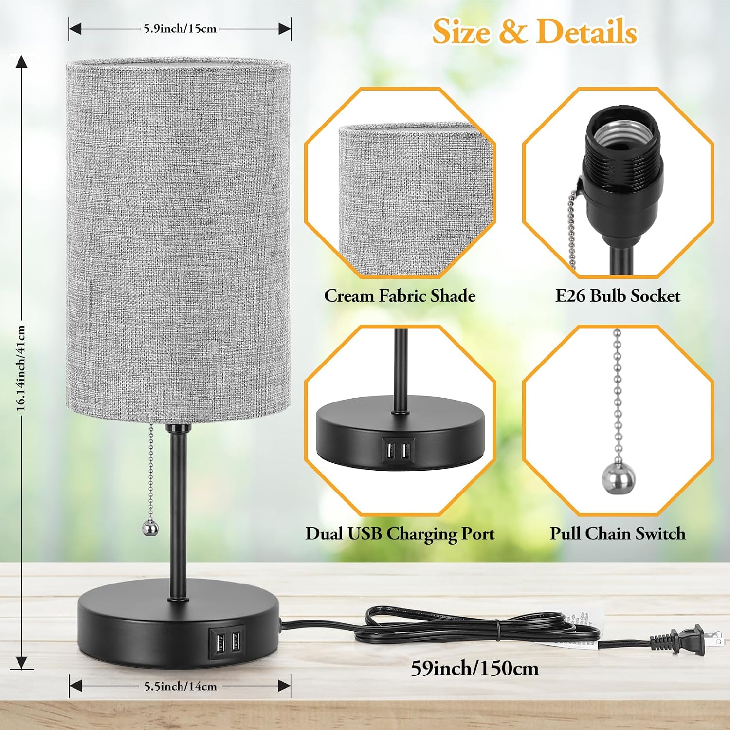 Lakumu Modern Table Lamps Set of 2, Grey Fabric Shade and Black Metal Base for Living Room Bedroom Office Reading Dorm Hotel