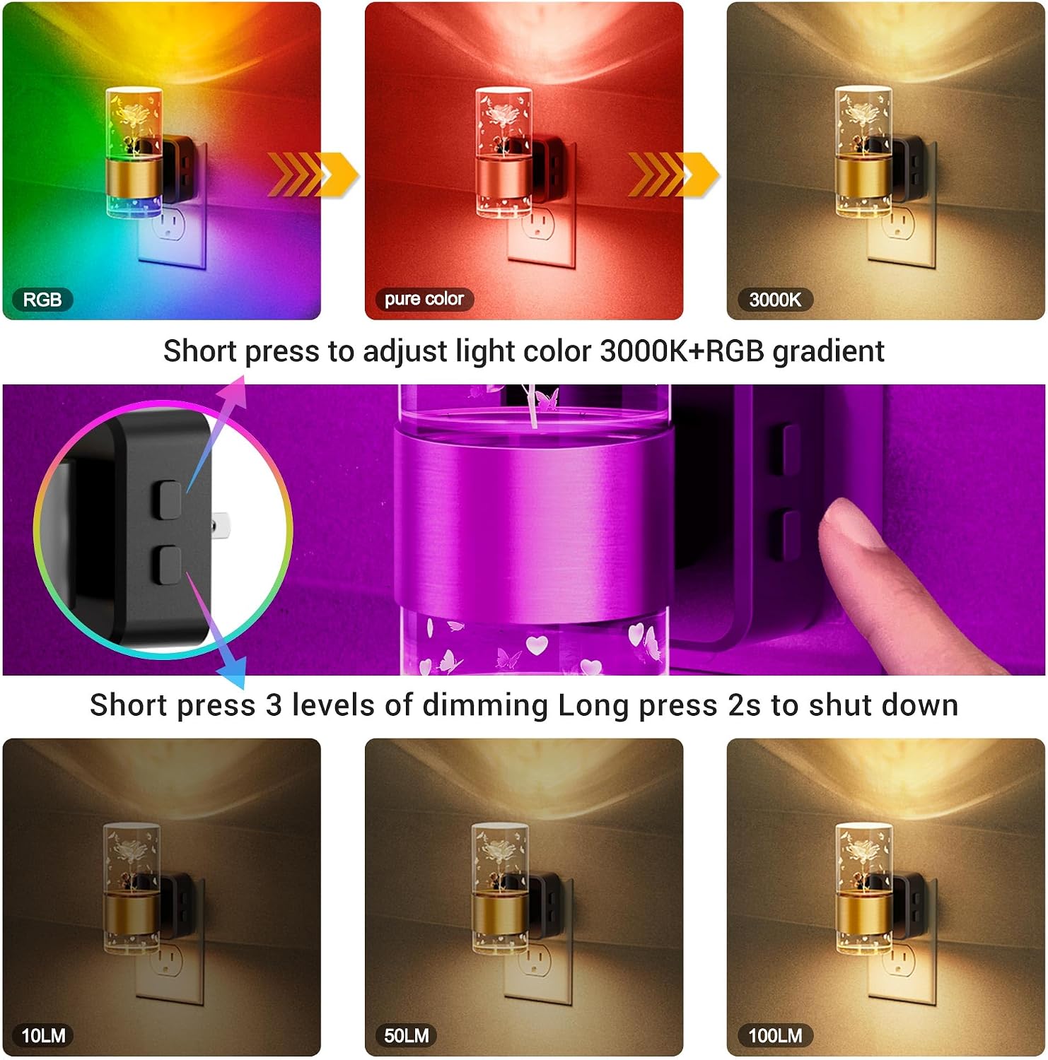 JandCase Night Lights Plug into Wall,2 Pack Rose Carved Night Light for Girls, 3000K+RGB 10-Color LED Nightlight with Dusk to Dawn…