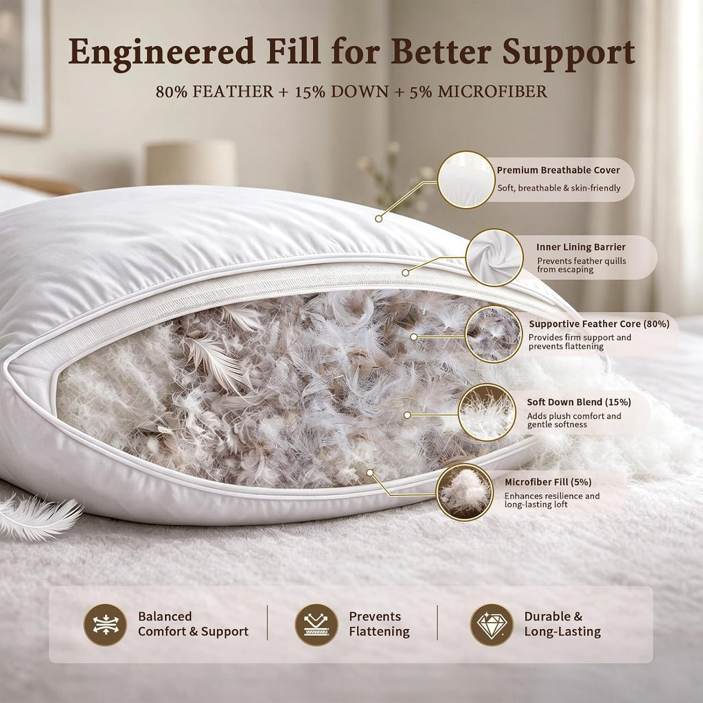 BHZ Goose Down Feather Pillows Queen Size - Hotel Collection Bed Pillows for Sleeping Medium Firm Soft Support Pillow for Side and Back…