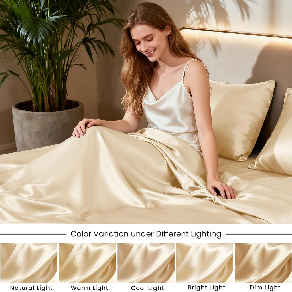 Lovescabin Love's cabin California King Satin Sheet Sets - 4 Piece Beige Silky Sheets Bed Set with Deep Pocket, Luxury Silk Feel Satin Cal…