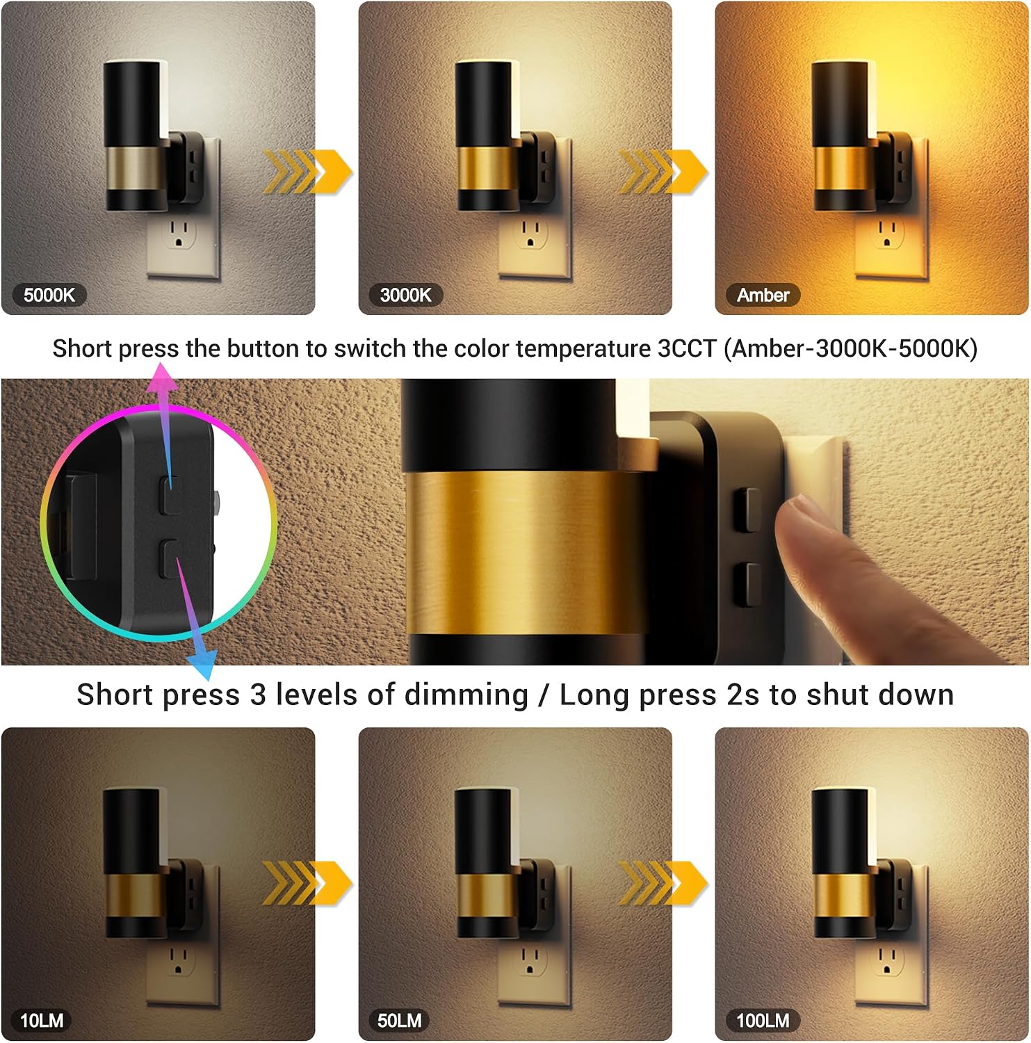 JandCase Plug in Night Light, Rotating Night Light with 3 Colors, 3000K/5000K/Amber, Dimmable Night Lights with Dusk to Dawn Sensor…