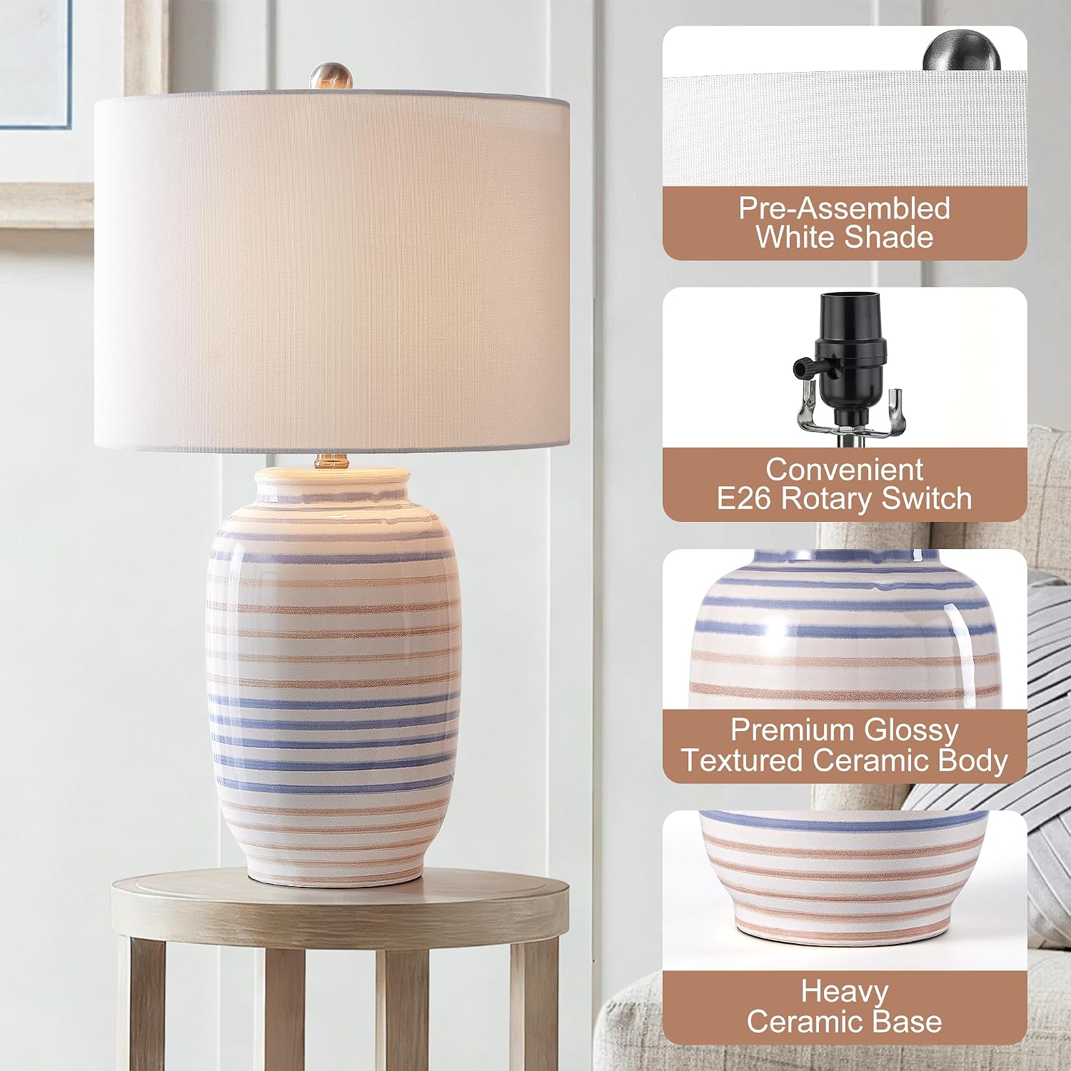 Maxax Modern Ceramic Table Lamp for Bedroom, 25" White Bedside Lamp for Living Room, Farmhouse End Table Lamp with White Farice for…