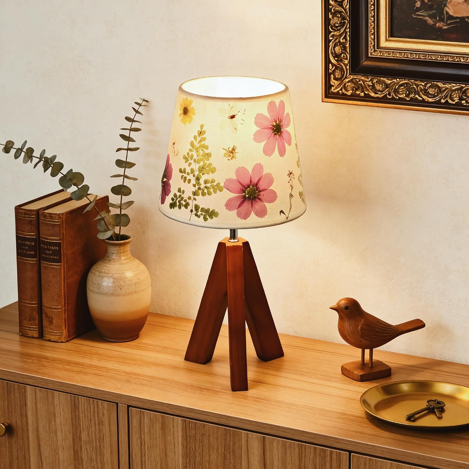 Dried Flowers Tripod Table Lamp 14.17in, 9W LED Dimmable Cute Bedside Lamp with Flowers Linen Lampshade for Nursery, Bedroom, Kid Room…