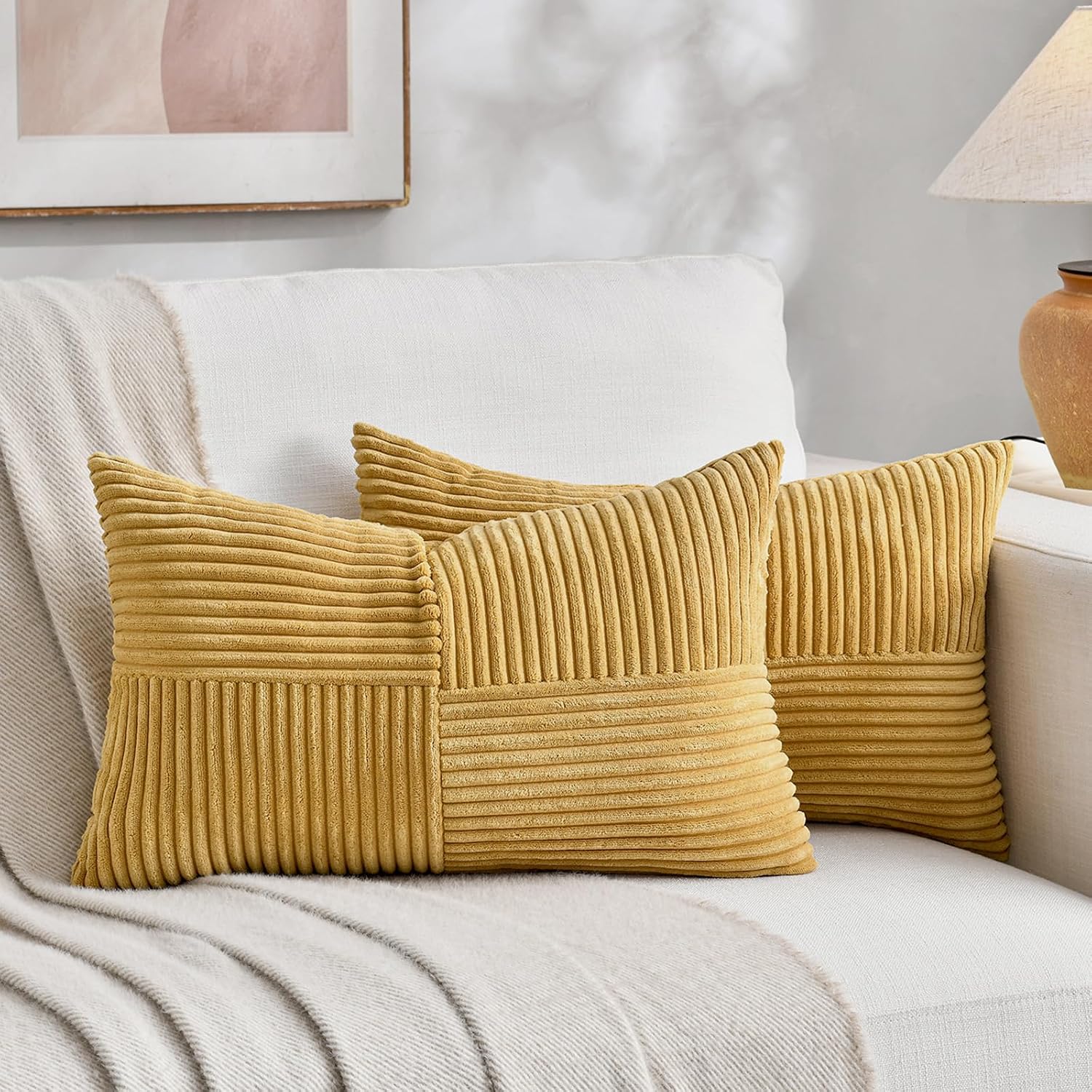 Fancy Homi 2 Packs Mustard Yellow Lumbar Decorative Throw Pillow Covers 12x20 Inch for Living Room Couch Bed, Rustic Farmhouse Boho Home…