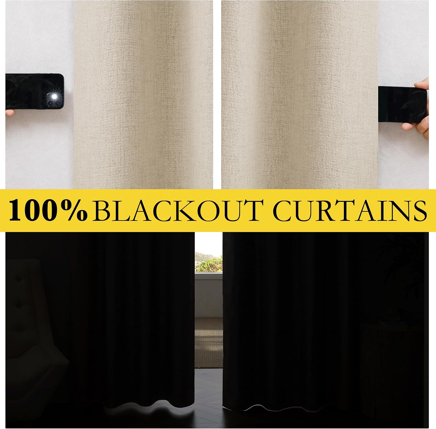 NICETOWN Farmhouse Style 100% Blackout Cream Linen Curtains 90 inches Length, 2 Panels, 52" W, Room Cooling Window Draperies with Thermal…