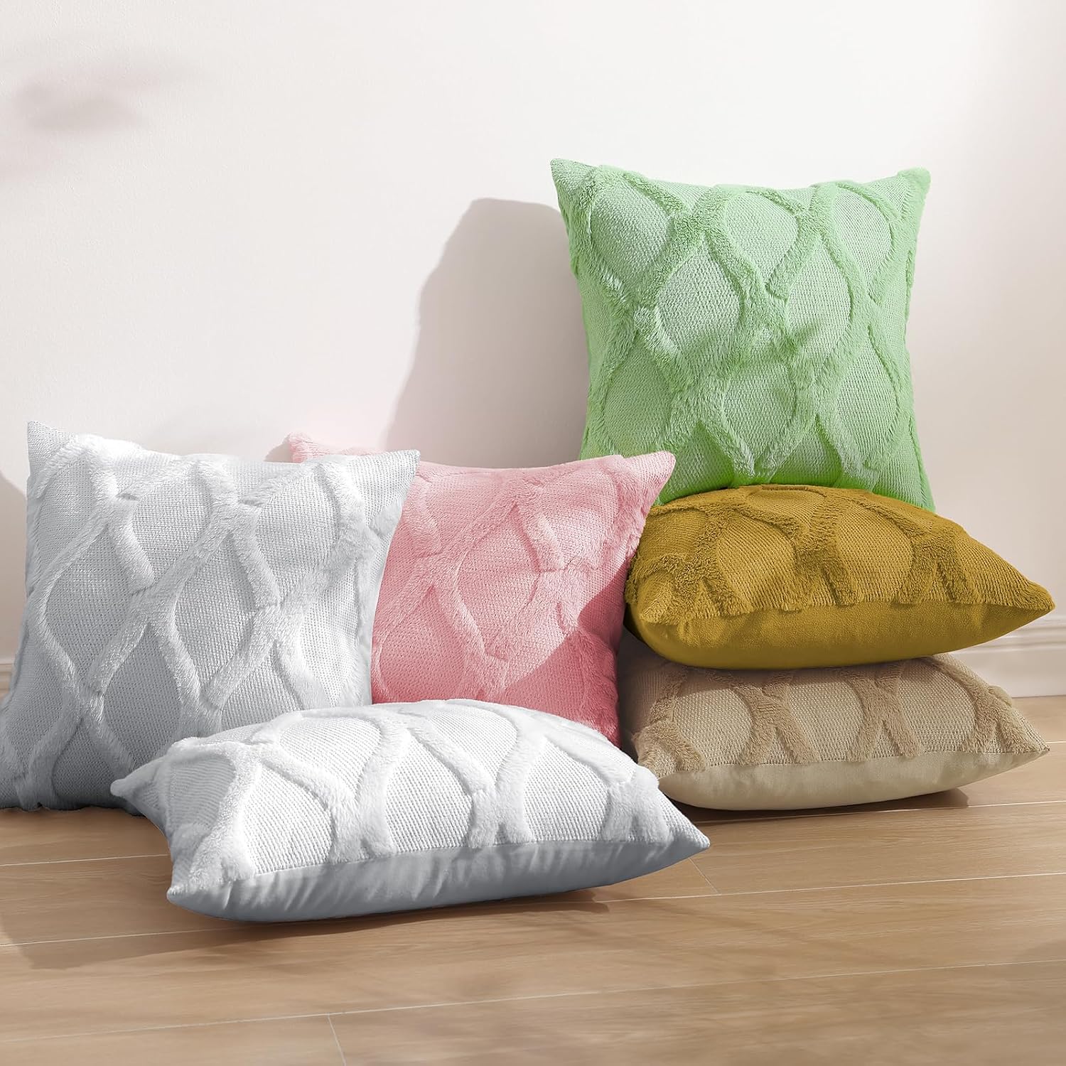 decorUhome Summer Throw Pillow Covers 18x18 Inch Set of 2, Soft Plush Faux Fur Wool Khaki Accent Couch Pillow Covers for Modern Farmhouse B…