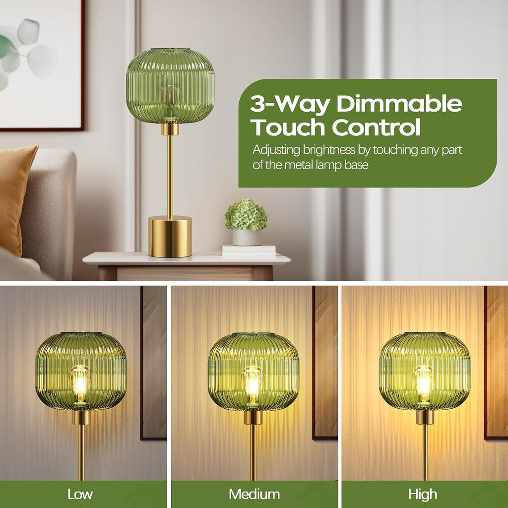 QiMH Glass Table Lamp for Living Room, Modern Bedside Lamp with Green Ribbed Glass Shade, 3-Way Dimmable Touch Control Nightstand Lamp…