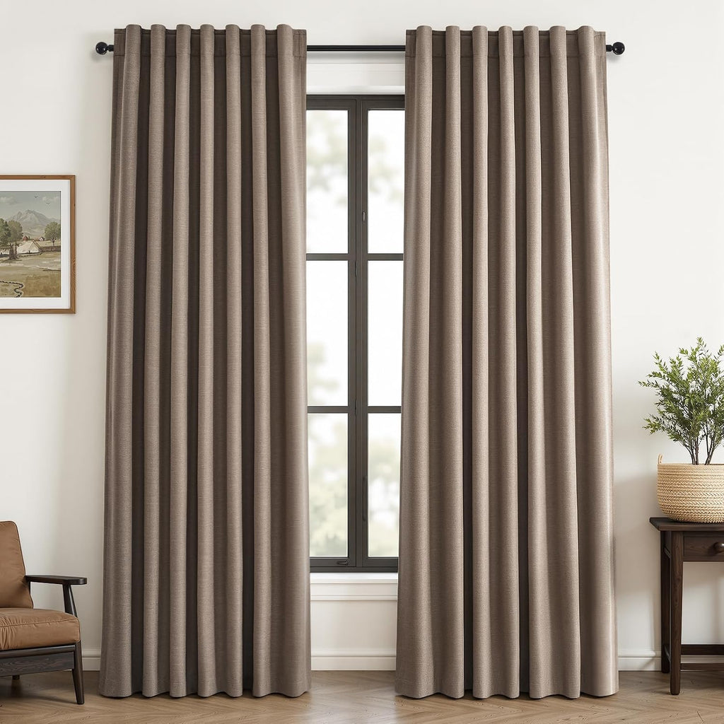 Topfinel 92 inch Long 100% Blackout Drapes 2 Panels Linen Texture Curtains Warm Taupe Window Curtain with Back Tab Rod Pocket Light Blockin…