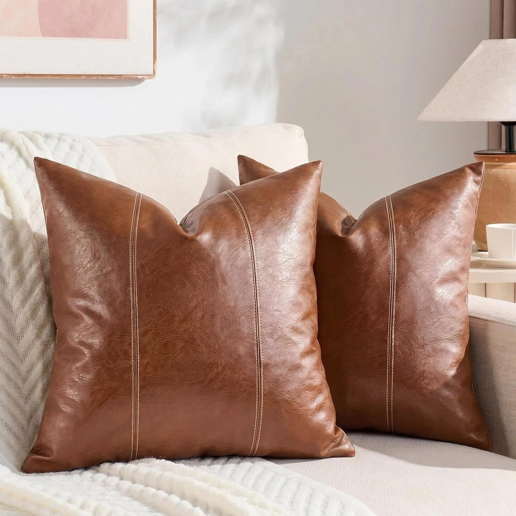 Fancy Homi Brown Boho Long Square Faux Leather Decorative Throw Pillow Covers 22x22 Inch for Living Room Couch Bed Sofa, Hand Stitched…