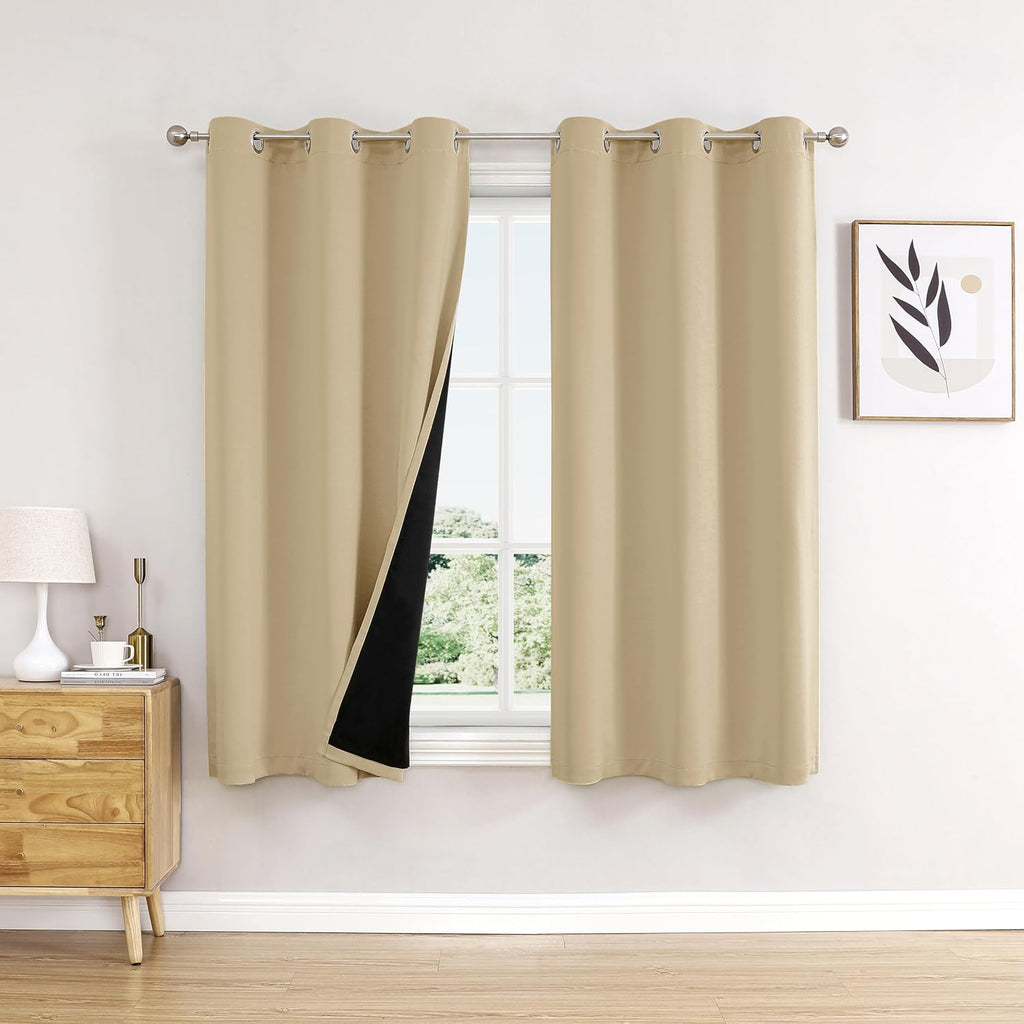 ChrisDowa 100% Blackout Curtains for Bedroom with Black Liner, 2 Thick Layers Total Blackout Thermal Insulated Grommet Small Window Curtain…