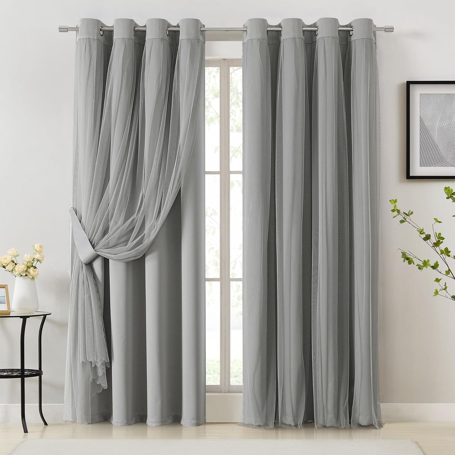 Bujasso Grey 90% Blackout Curtains with Sheer Overlay Mix and Match Double Layer Window Curtains Thermal Insulated 102 inch for Living Room…