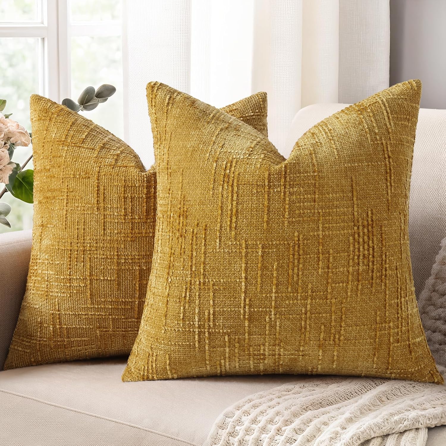 decorUhome Summer Mustard Yellow Chenille Euro Sham Throw Pillow Covers 26x26 Set of 2 Textured Cozy Slubby Couch Pillow Covers Modern Farm…