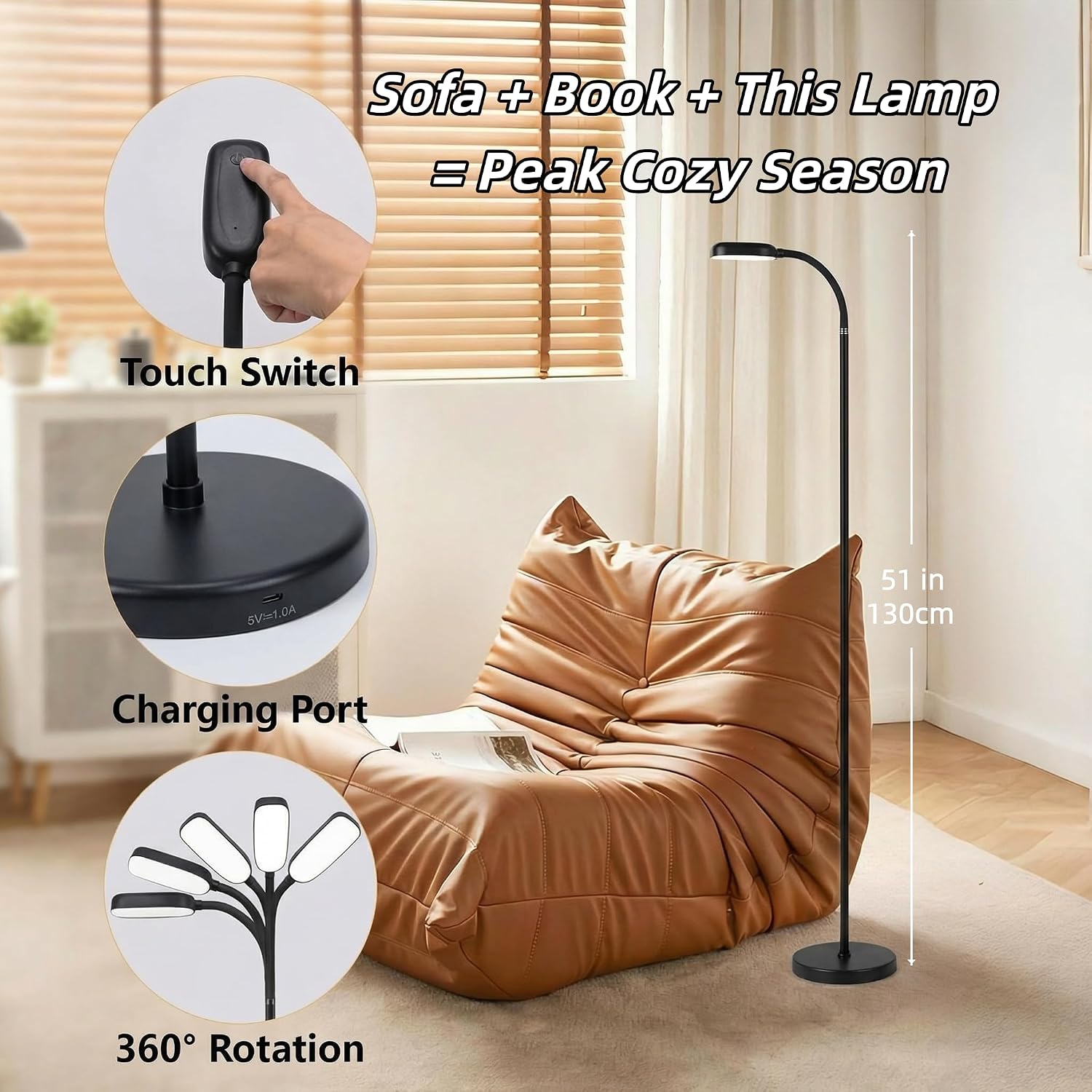 Cordless Portable Floor Lamp, Adjustable Gooseneck with Touch Switch, 3 Color Modes, Lightweight & Rechargeable for Living Room, Bedroom…