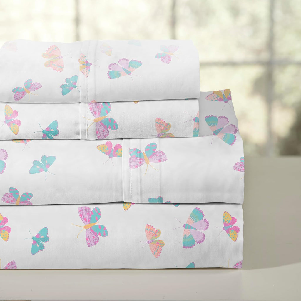 Pointehaven Butterfly Fairy Printed Cotton Percale 4 pc Sheet Set, Queen