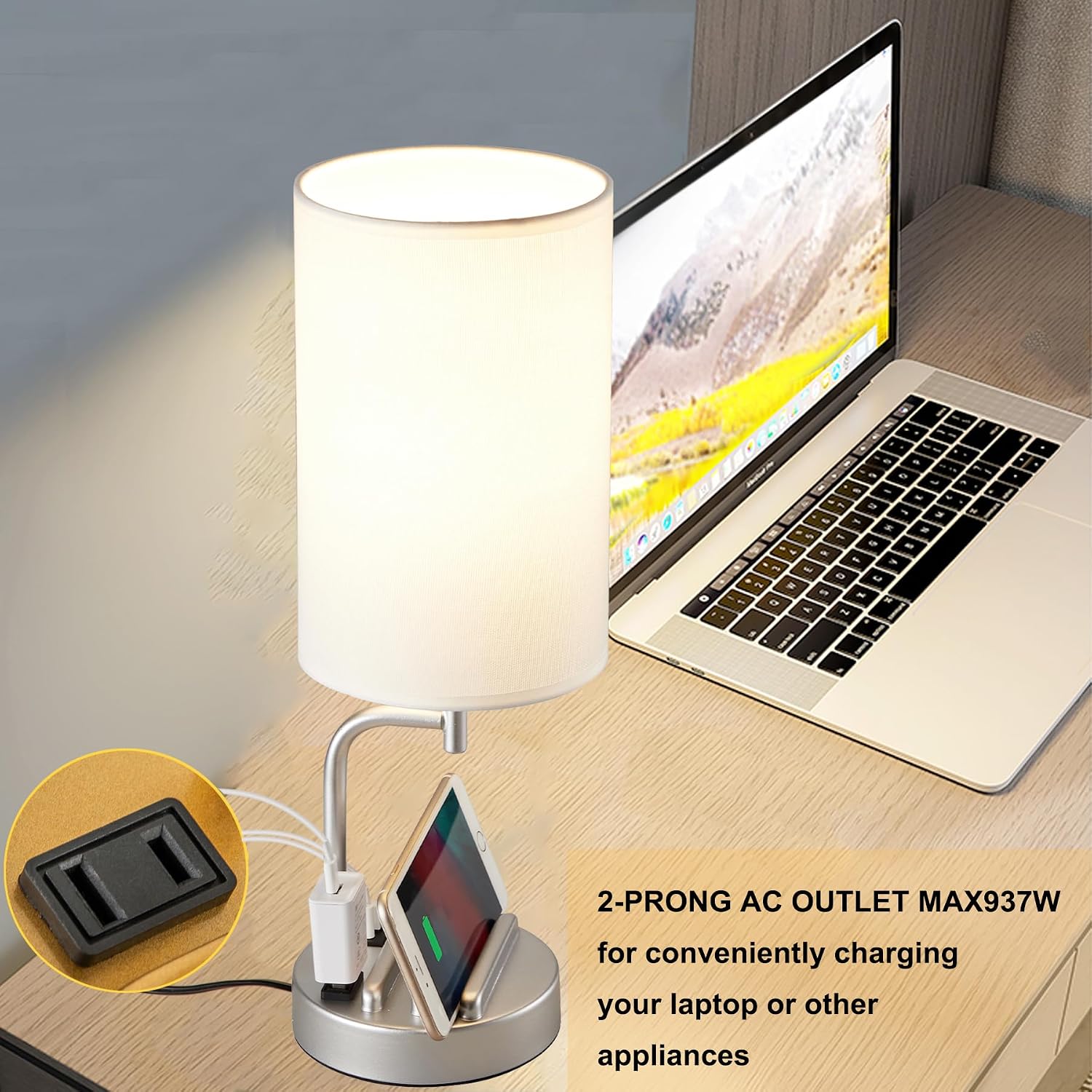 Dreamholder Touch Control USB Table Lamp, Upgraded 3-Way Dimmable Bedside Desk Lamp with USB C & A Charging Ports and AC Outlet…