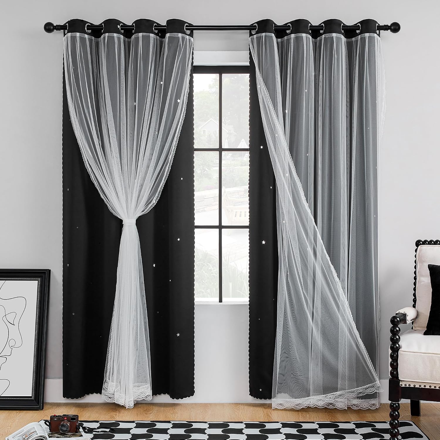 Addsomecolortolife XiDi Grommet Blackout Curtains for Bedroom & Living Room, 84"L x 34"W, Unicorn Pattern, Girls & Kids Room Decor Black