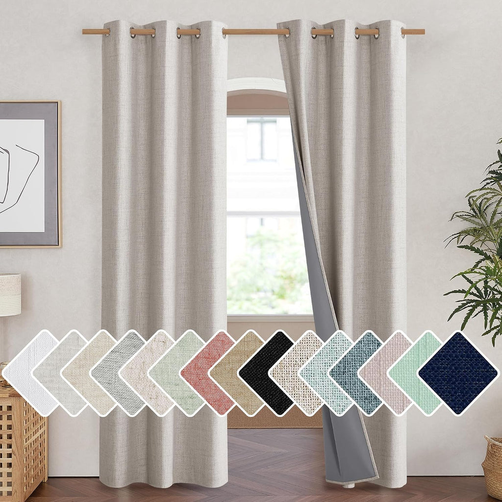 NICETOWN Brich Vintage Open Linen Weave Flax Thermal Curtains, 100% Blackout Curtains 90" Long for Dining Room, Soundproof Window…
