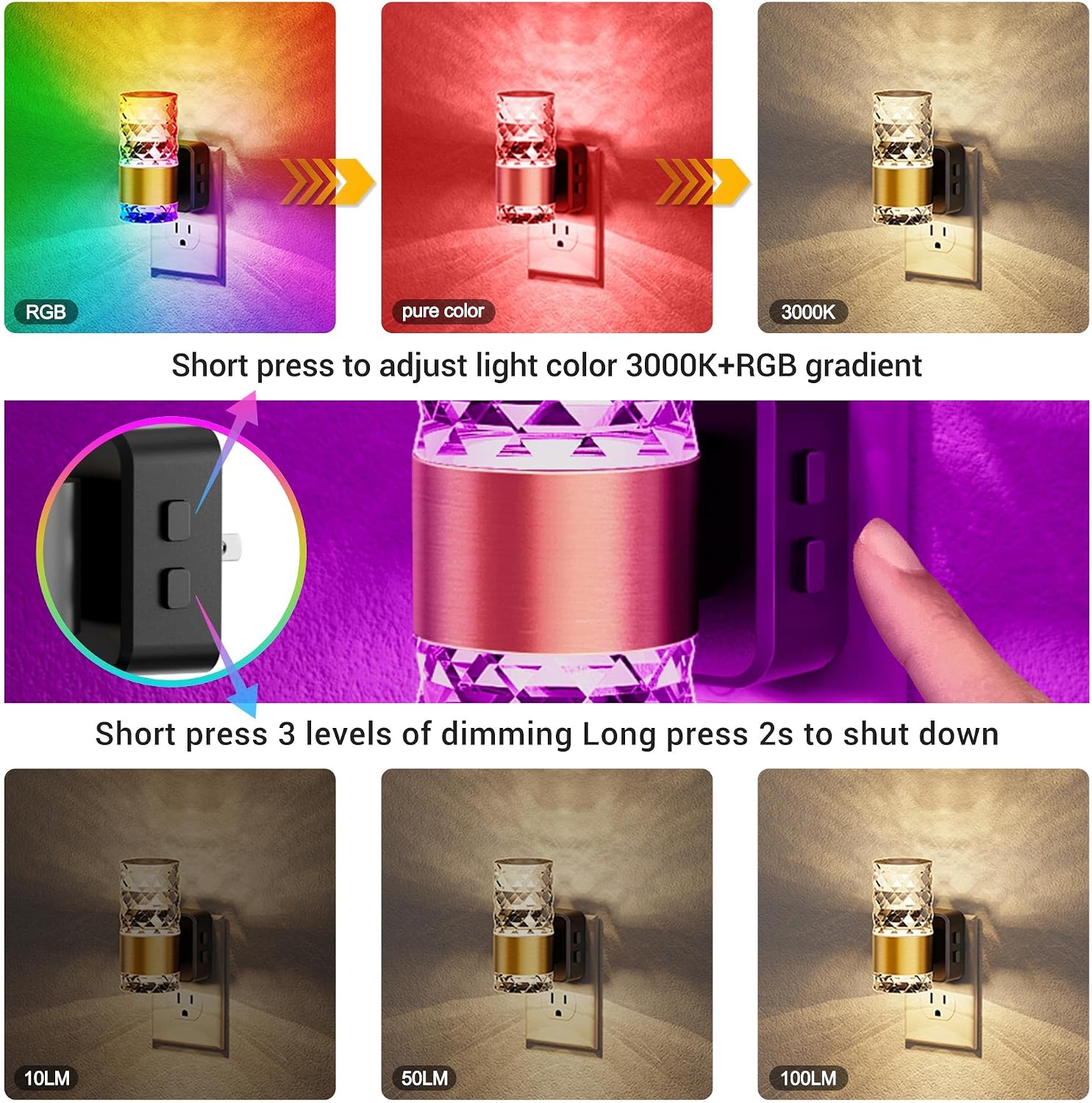 JandCase Night Lights Plug into Wall, Color Changing Night Light for Kids, 3000K+RGB 10-Color LED Nightlight with Light Sensor…